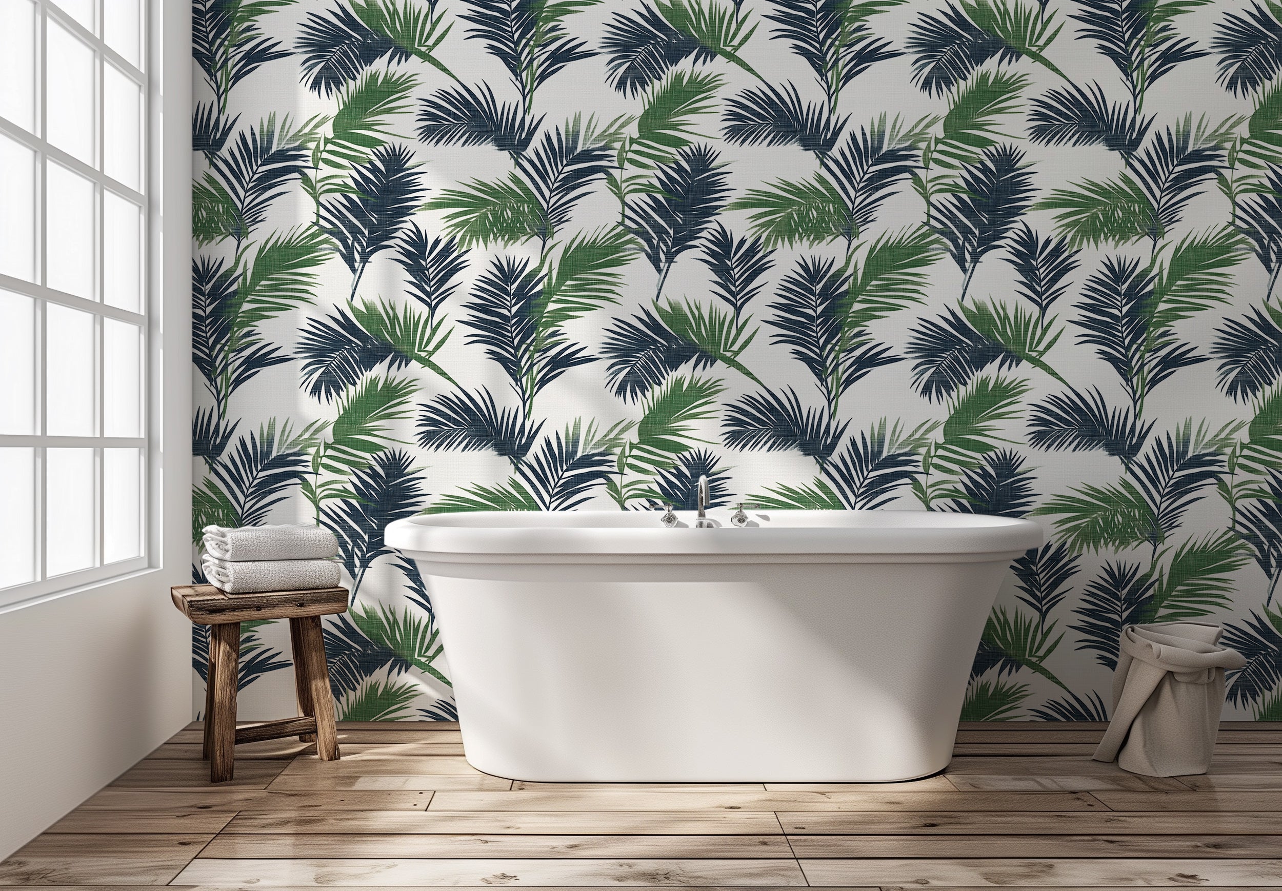 Green and Blue Palm Leaves Pattern Wallpaper, Peel and Stick Tropical Wall Decor, Jungle Botanical Wallpaper