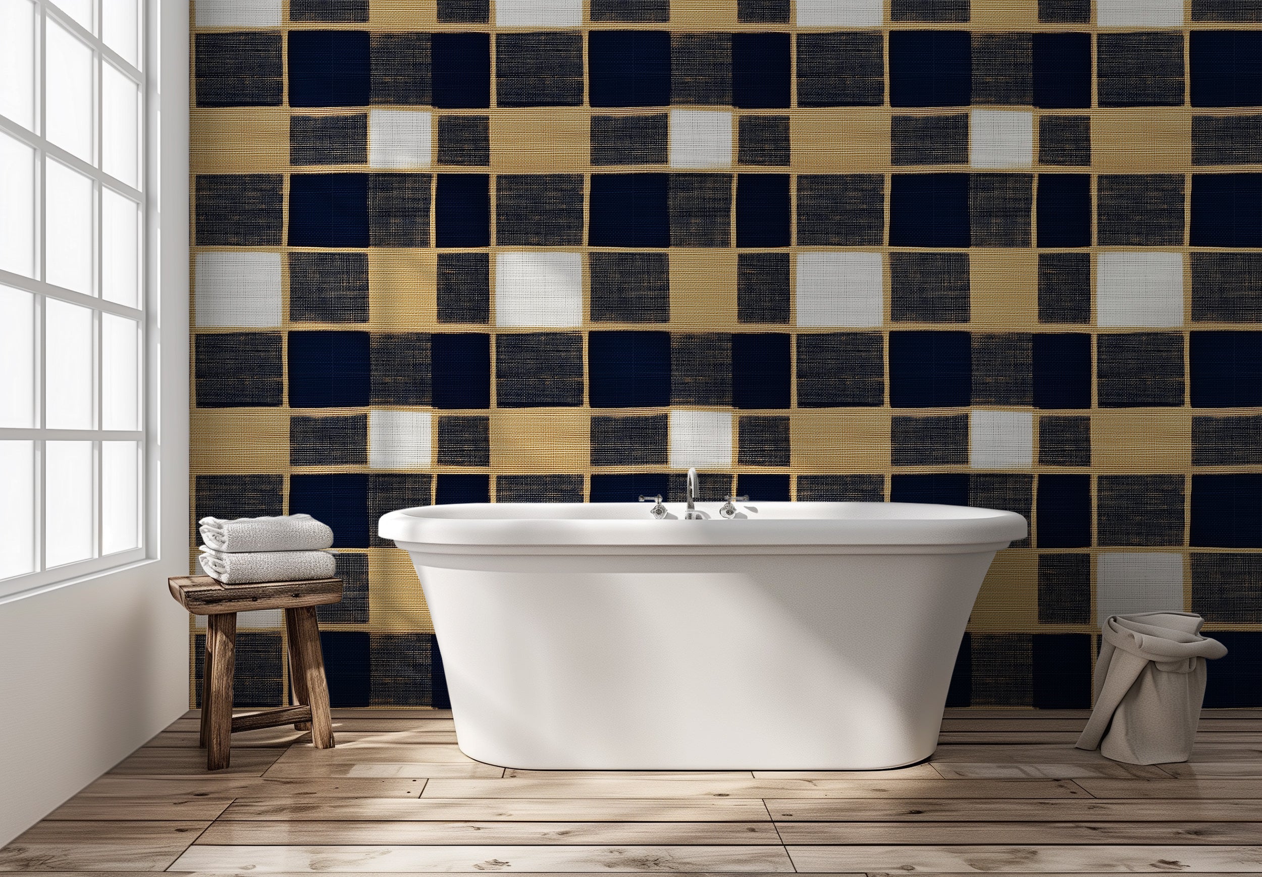 Dark Blue and Gold Squares Wallpaper, Luxury Timeless Geometrical Wallpaper, Peel and Stick Classic Wall Decor