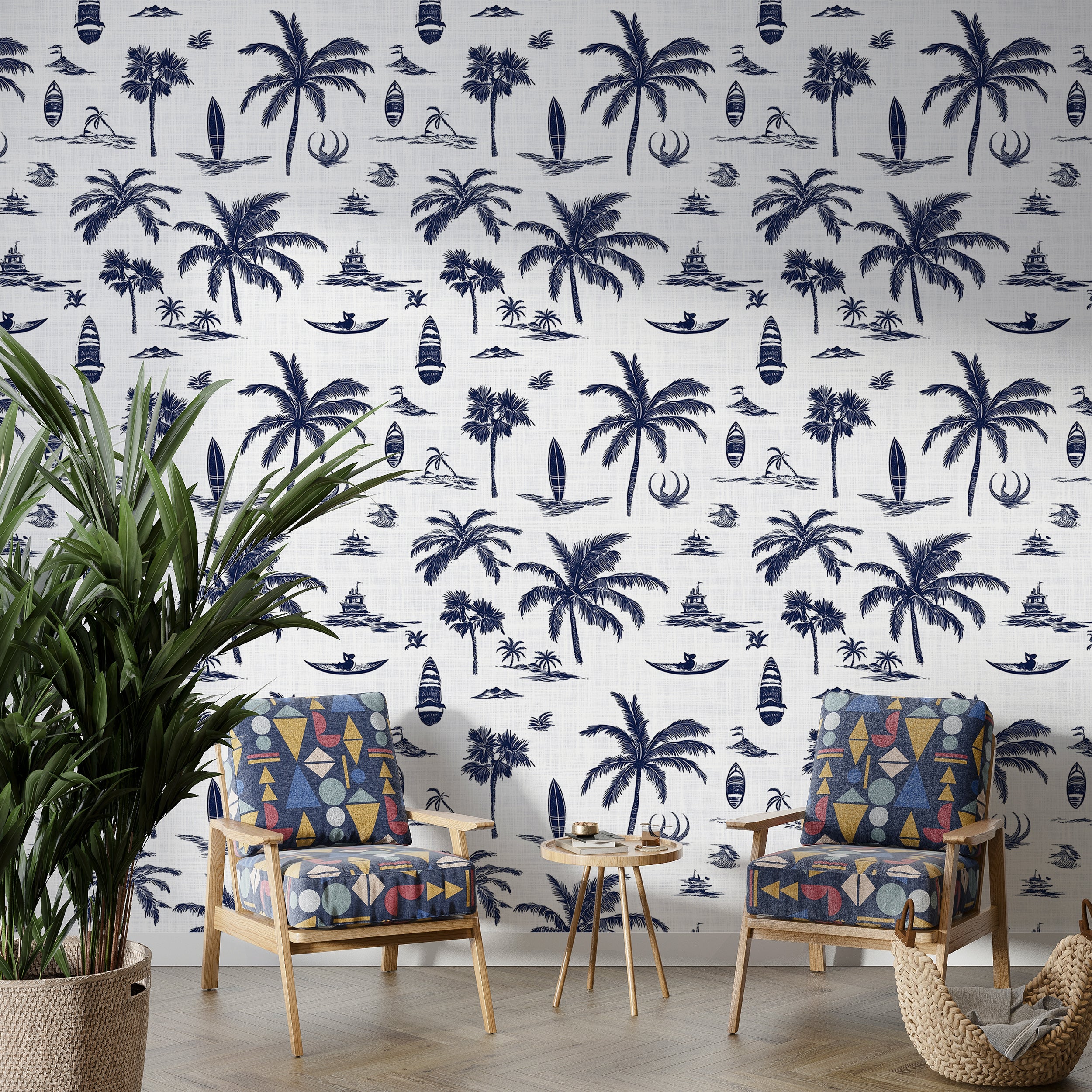 Blue and white tropical symbols wallpaper with palm trees and surfboards
Peel and stick coastal art wallpaper for beachy room decor