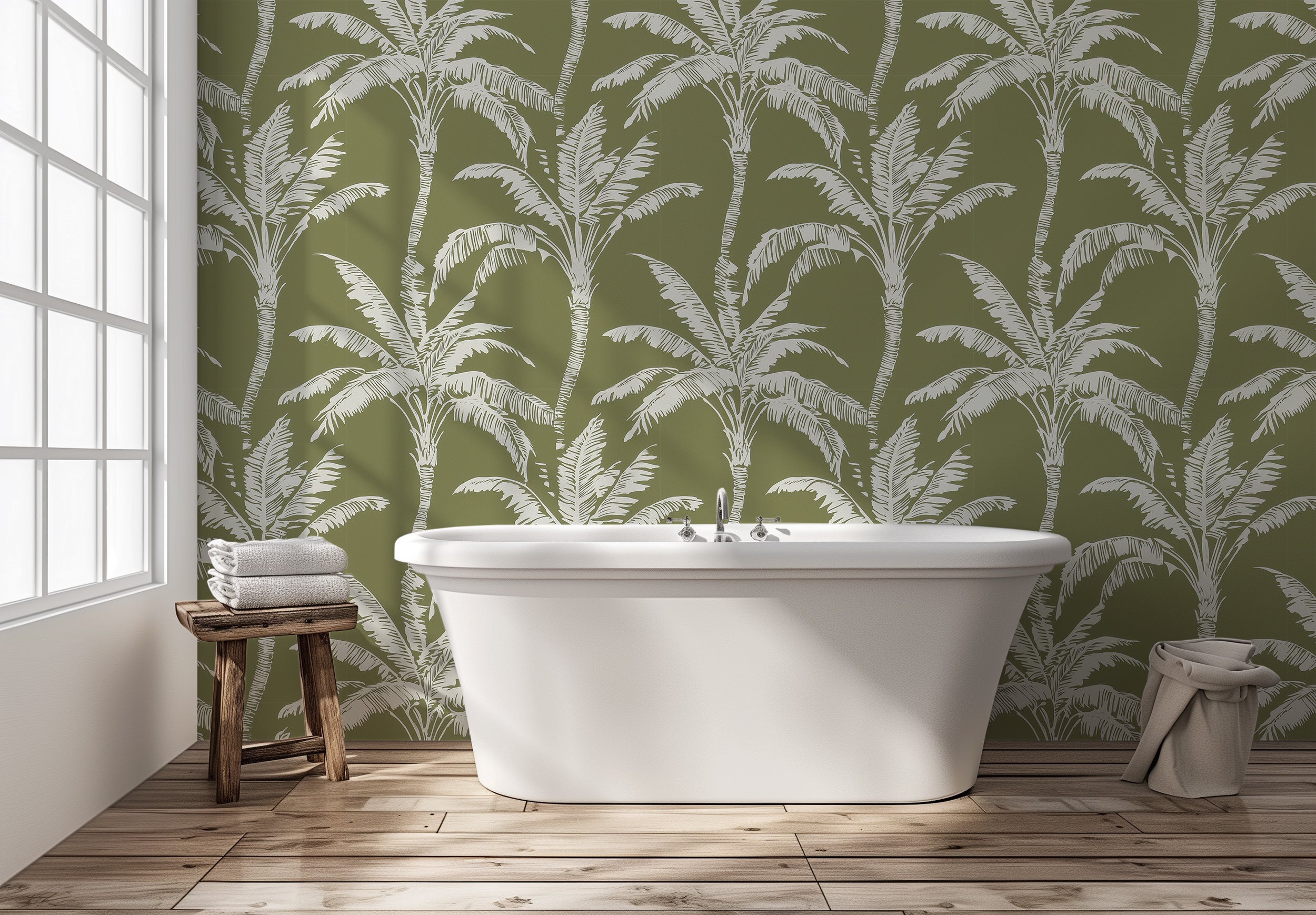 Olive Color Tropical Wallpaper, Palm Trees Pattern Wallpaper, Peel and Stick Jungle Minimalist Wall Decor