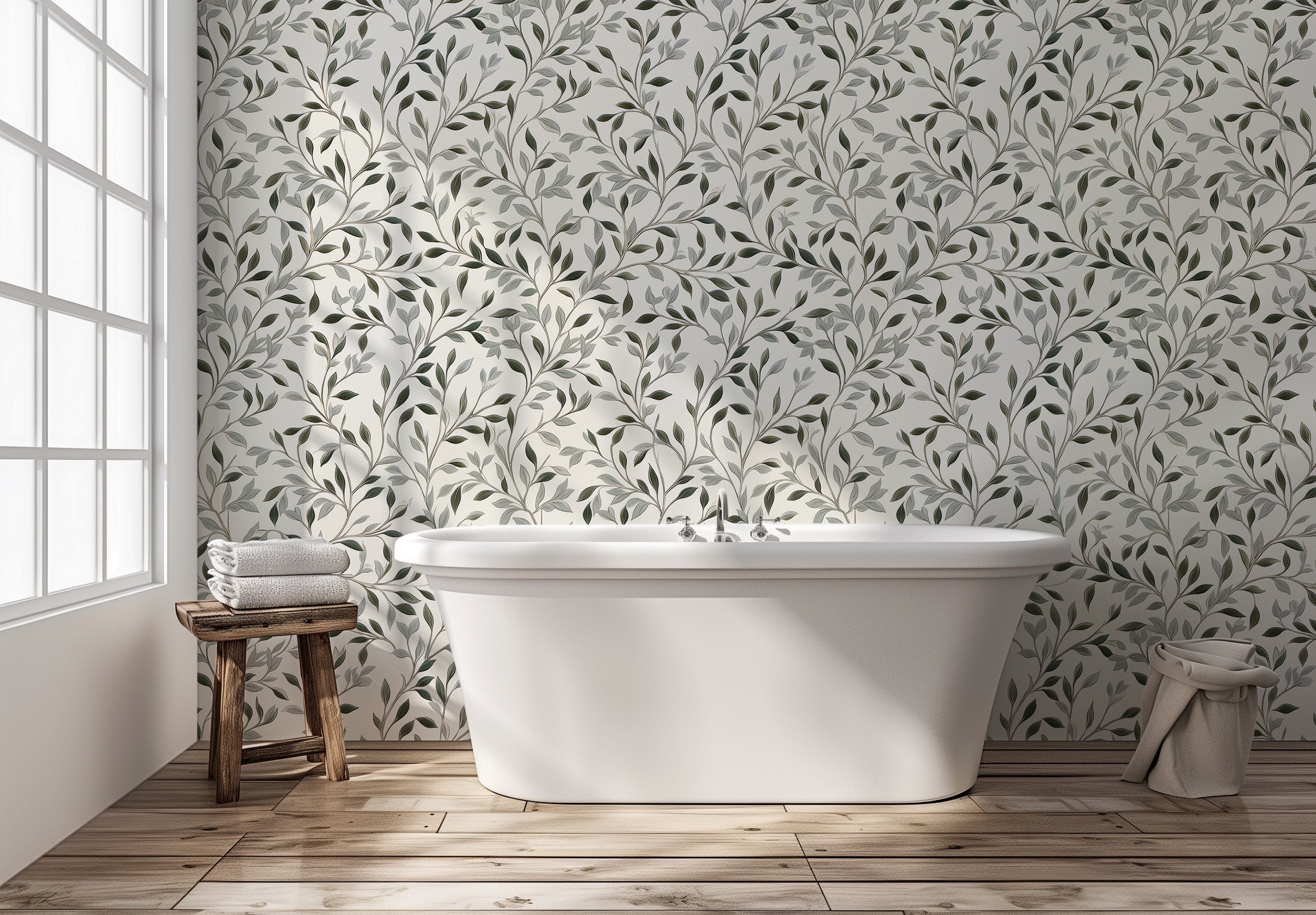Papel tapiz botánico gris, decoración de pared minimalista autoadhesiva, papel tapiz con estampado de hojas monocromático