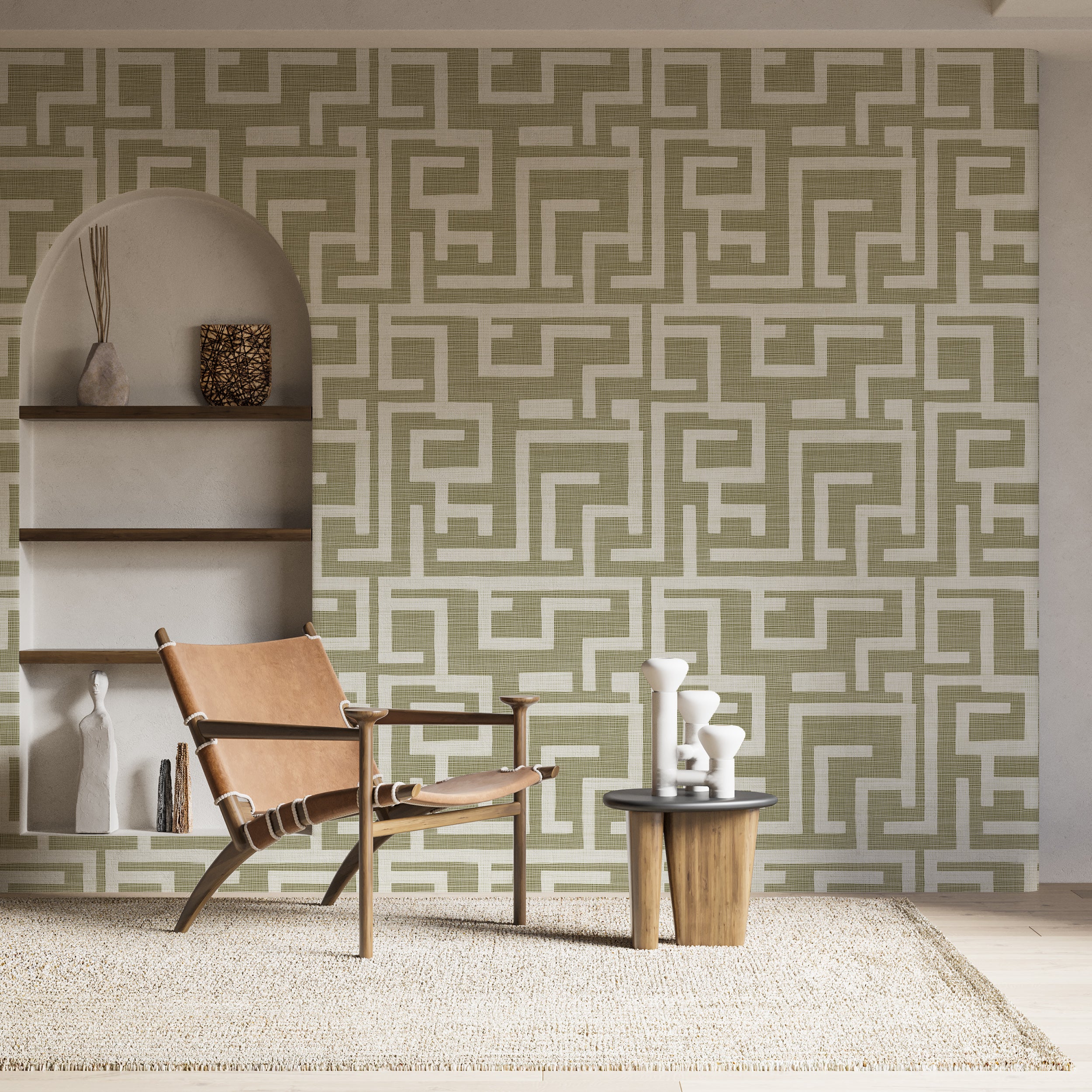 Papel tapiz geométrico en tonos oliva claro y blanco, decoración de pared con líneas de lino, papel tapiz moderno autoadhesivo.