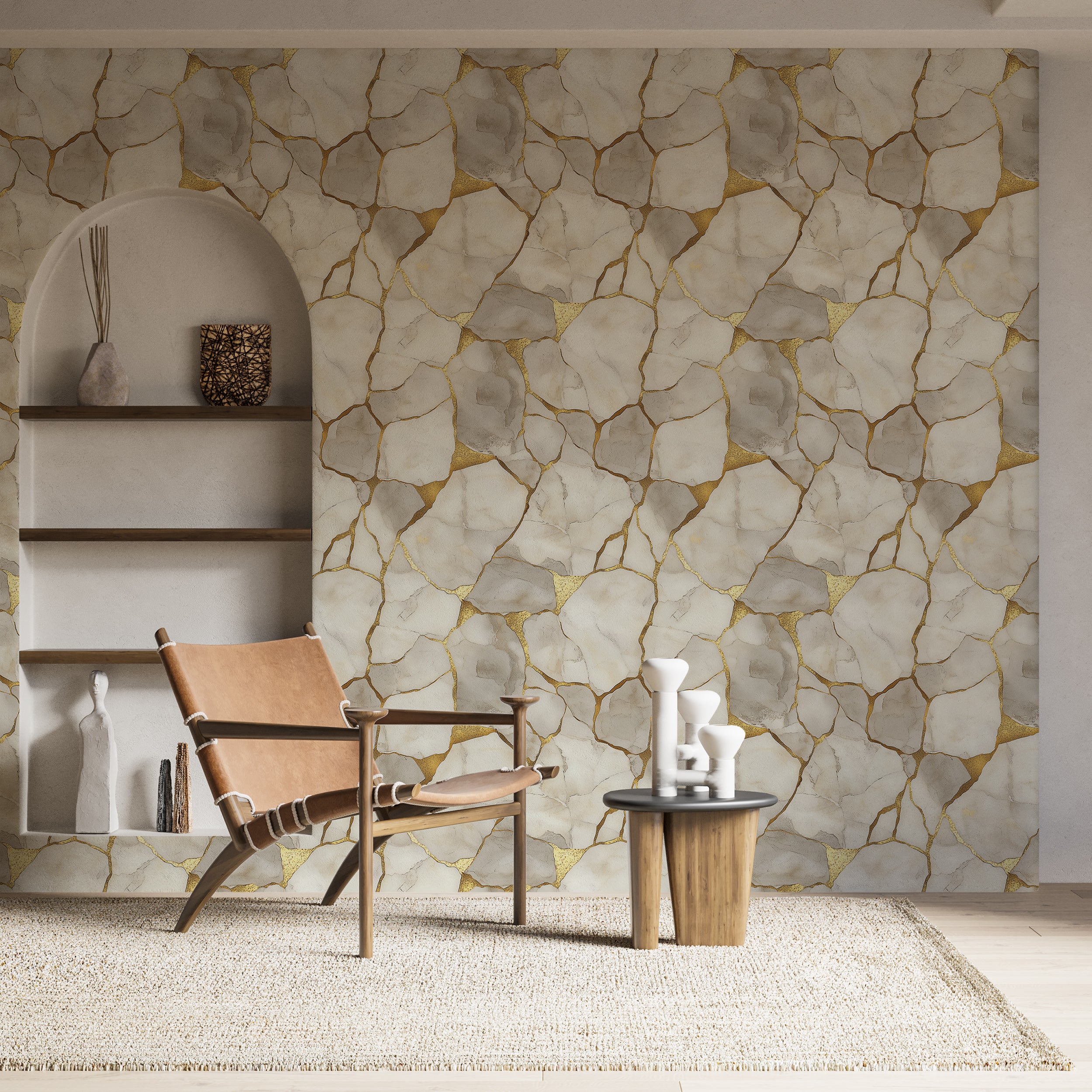 White Marble With Gold Foil Wallpaper, Light Stone Pattern Wall Decor, Peel and Stick Luxury Wall Marble