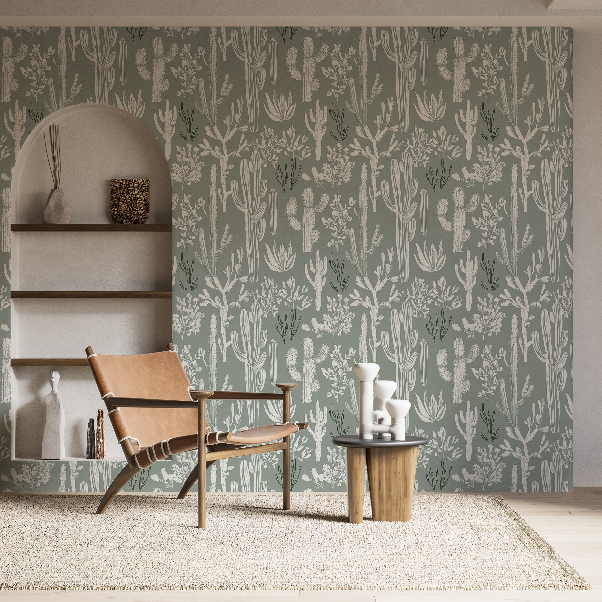 Papel tapiz con diseño de cactus en tonos verdes y blancos apagados, decoración de pared con plantas del desierto, papel tapiz botánico de Texas autoadhesivo.