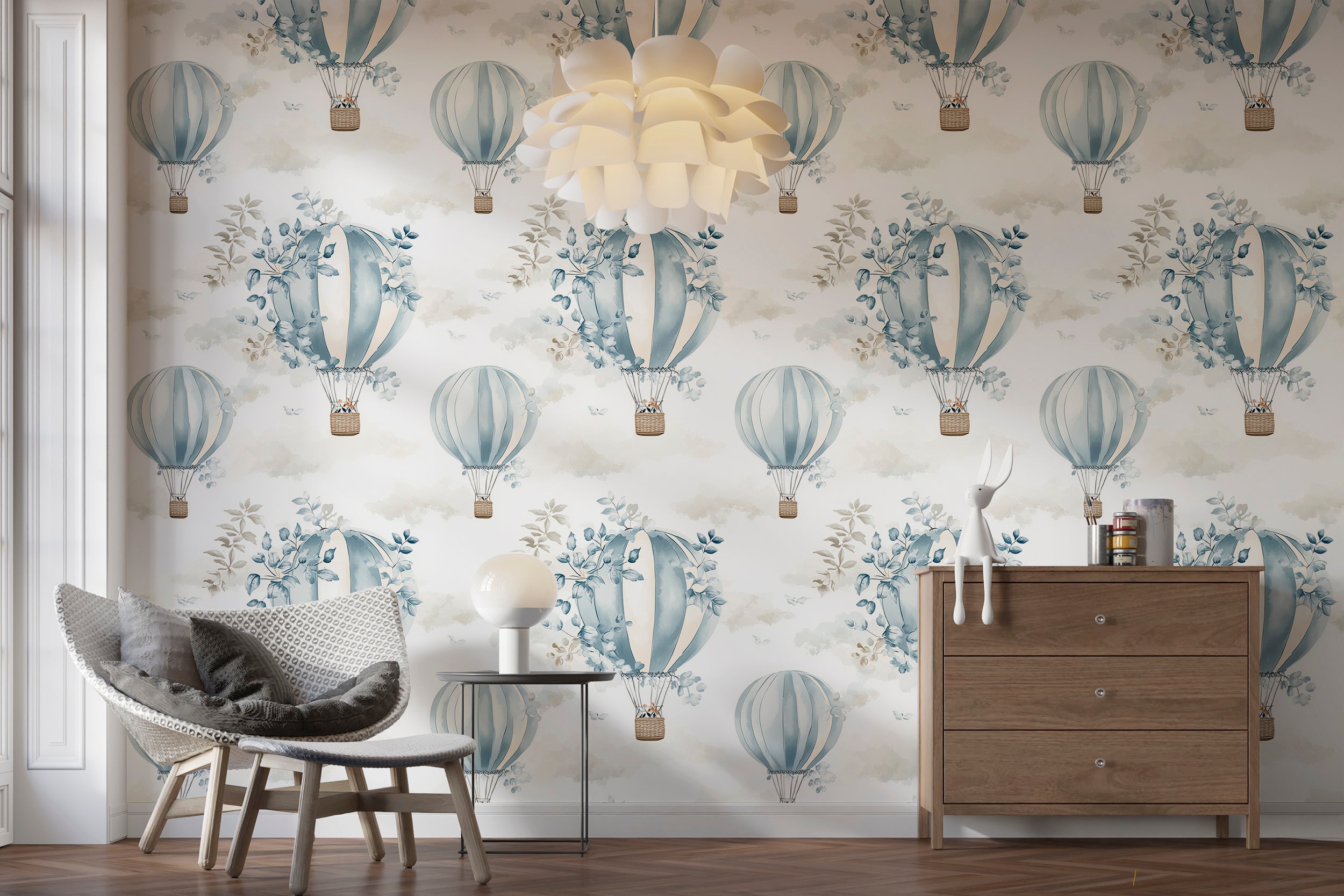 Blue Hot Air Balloon and Botanical Pattern Wallpaper, Soft Watercolor Sky and Balloon Wallpaper, Peel and Stick Removable Wallpaper