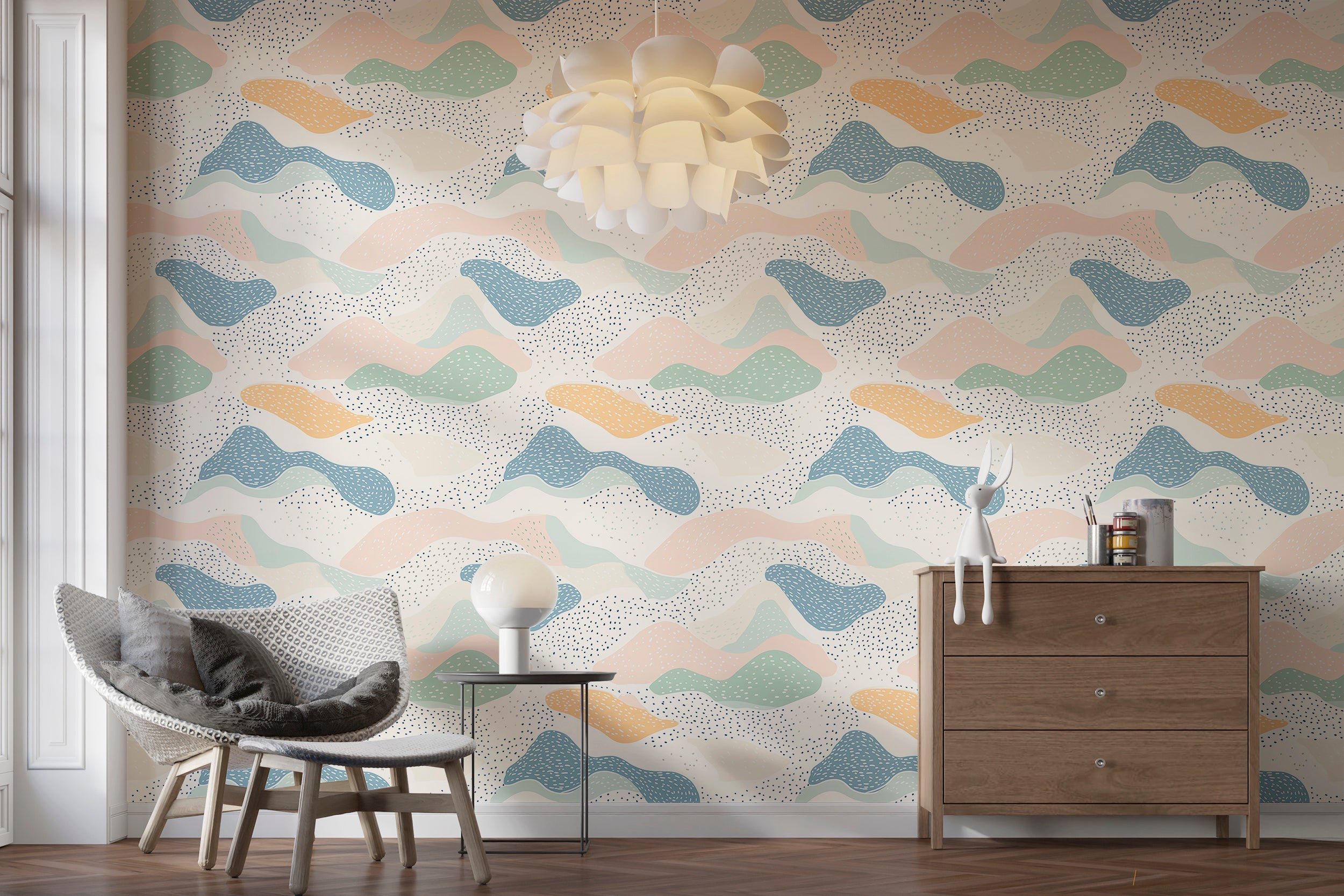 Abstract Pastel Shapes Wallpaper, Soft Colorful Wavy Design, Geometric Dot Pattern Wall Decor, Modern Peel and Stick Wallpaper