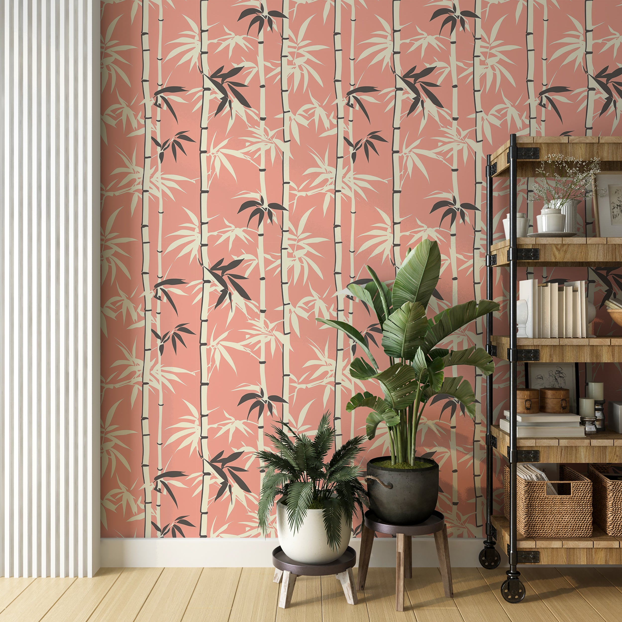 Peach Pink and White Bamboo Pattern Wallpaper, Japanese Modern Wallpaper, Chinoiserie Peel and Stick Wallpaper