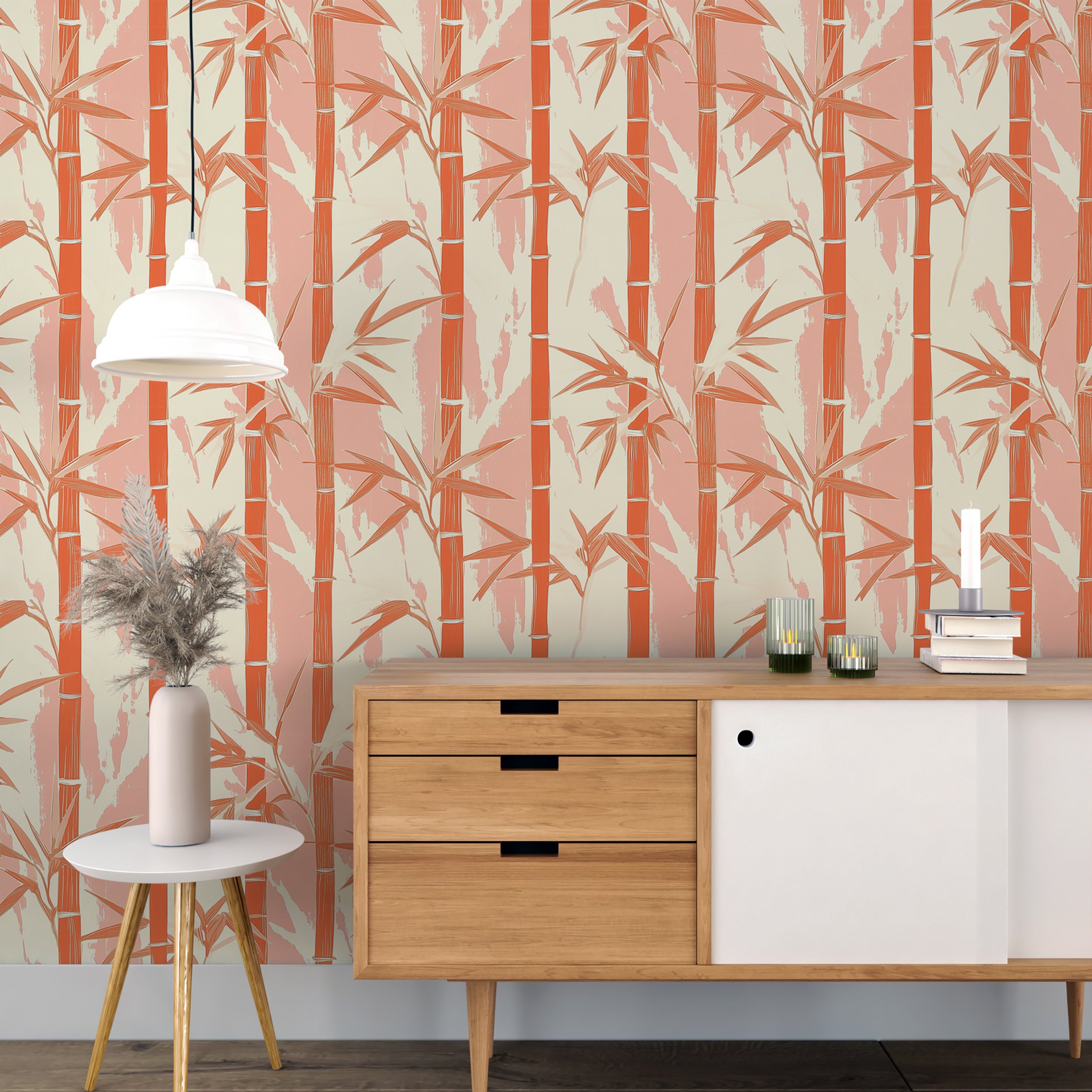 Peach and Beige Bamboo Wallpaper, Peel and Stick Japanese Wall Decor, Botanical Removable Wallpaper
