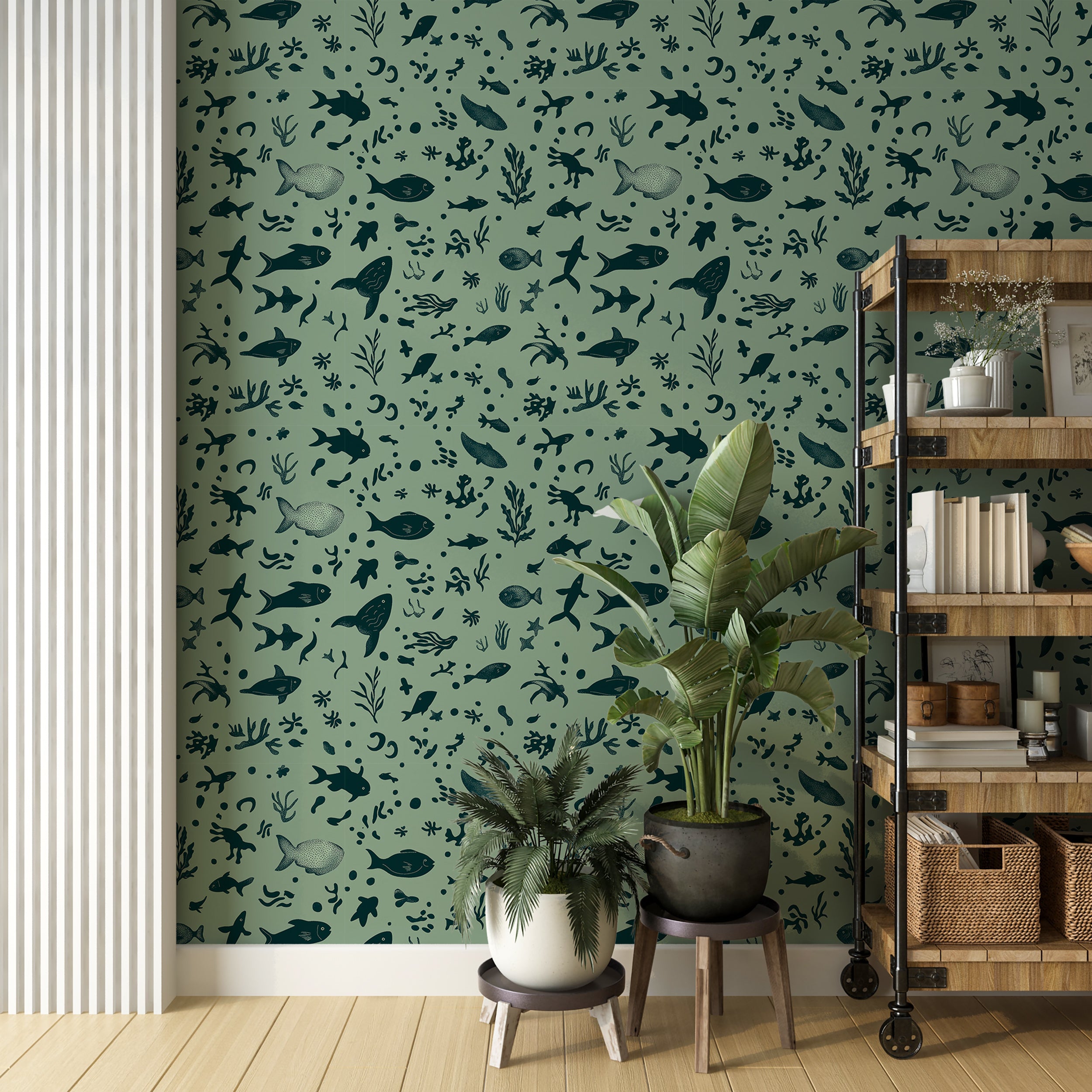 Muted Green Underwater Life Wallpaper, Marine Life Wall Decor, Fish and Coral Peel and Stick Wallpaper