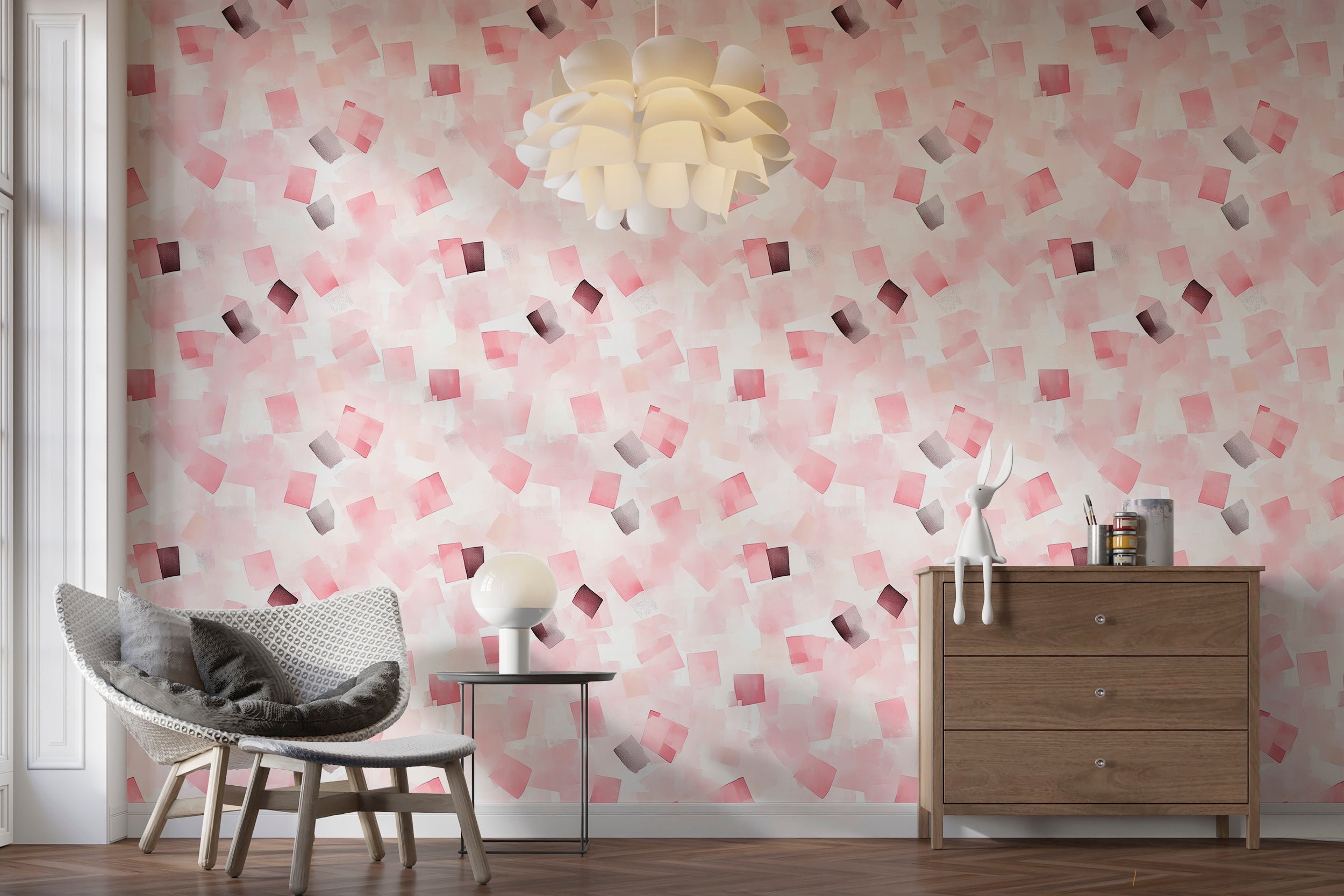 Elegant geometric design wall covering.
Contemporary blush geometric wall mural.