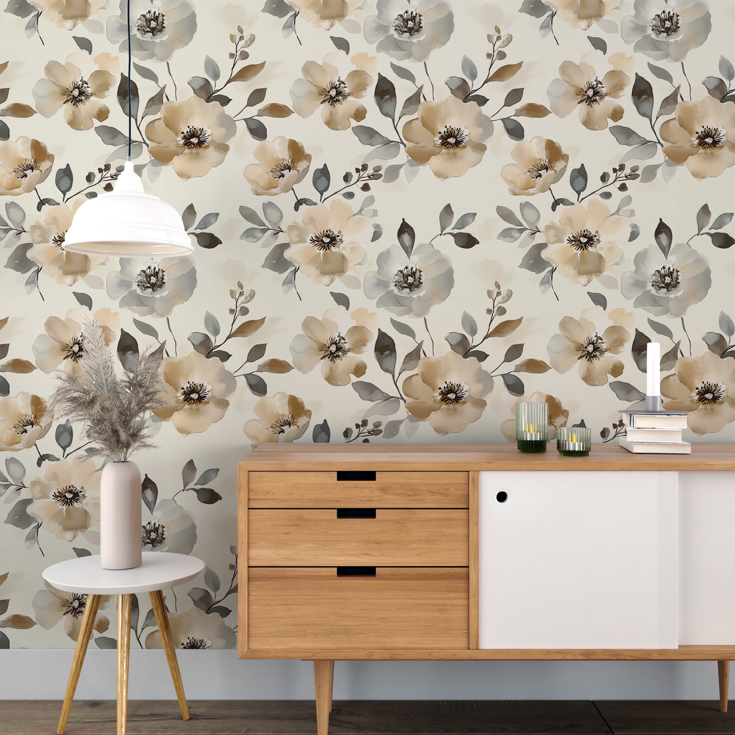 Watercolor Muted Beige and Gray Floral Wallpaper, Soft Floral Design, Elegant Watercolor Flower Wall Decal, Peel and Stick Wallpaper