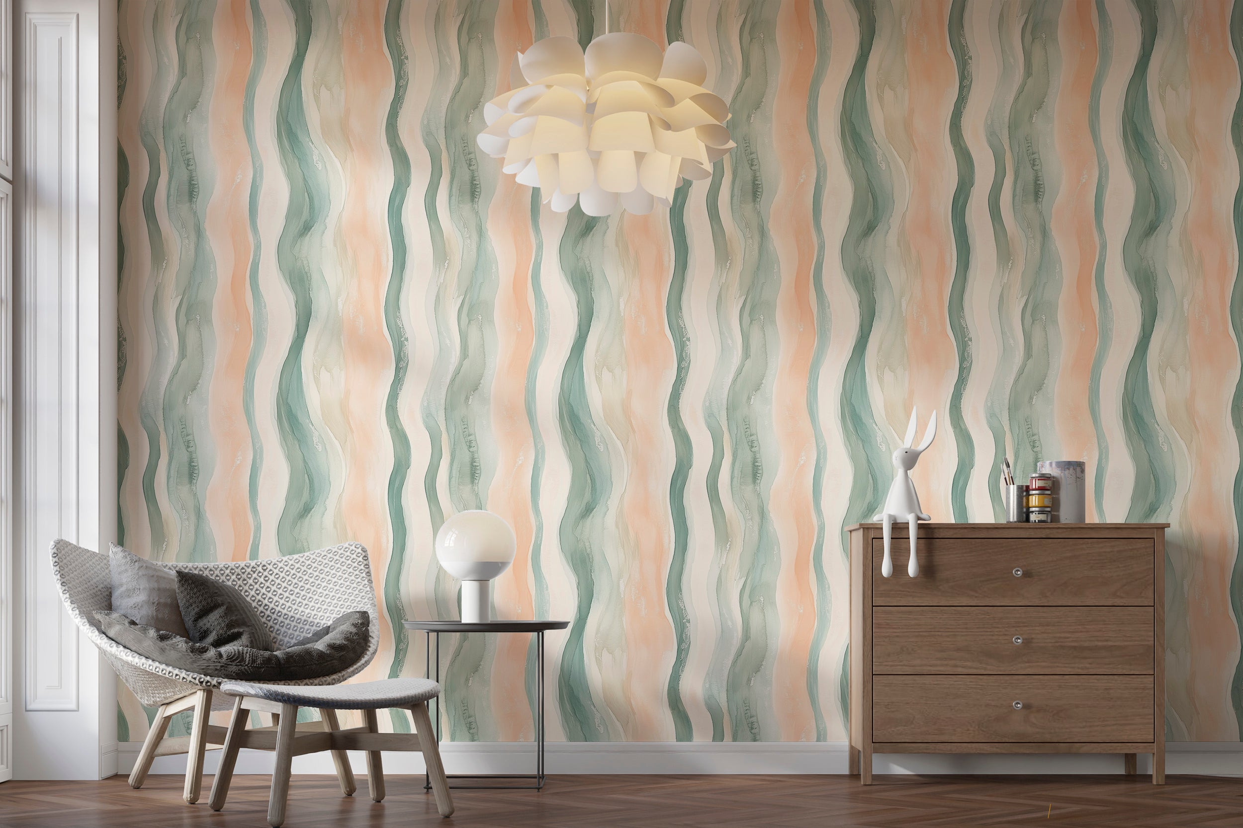 Watercolor Pastel Beige, Teal, Peach, and Light Green Wavy Stripes Wallpaper, Soft Fluid Wave Decor, Modern Pastel Wallpaper, Peel and Stick Wallpaper