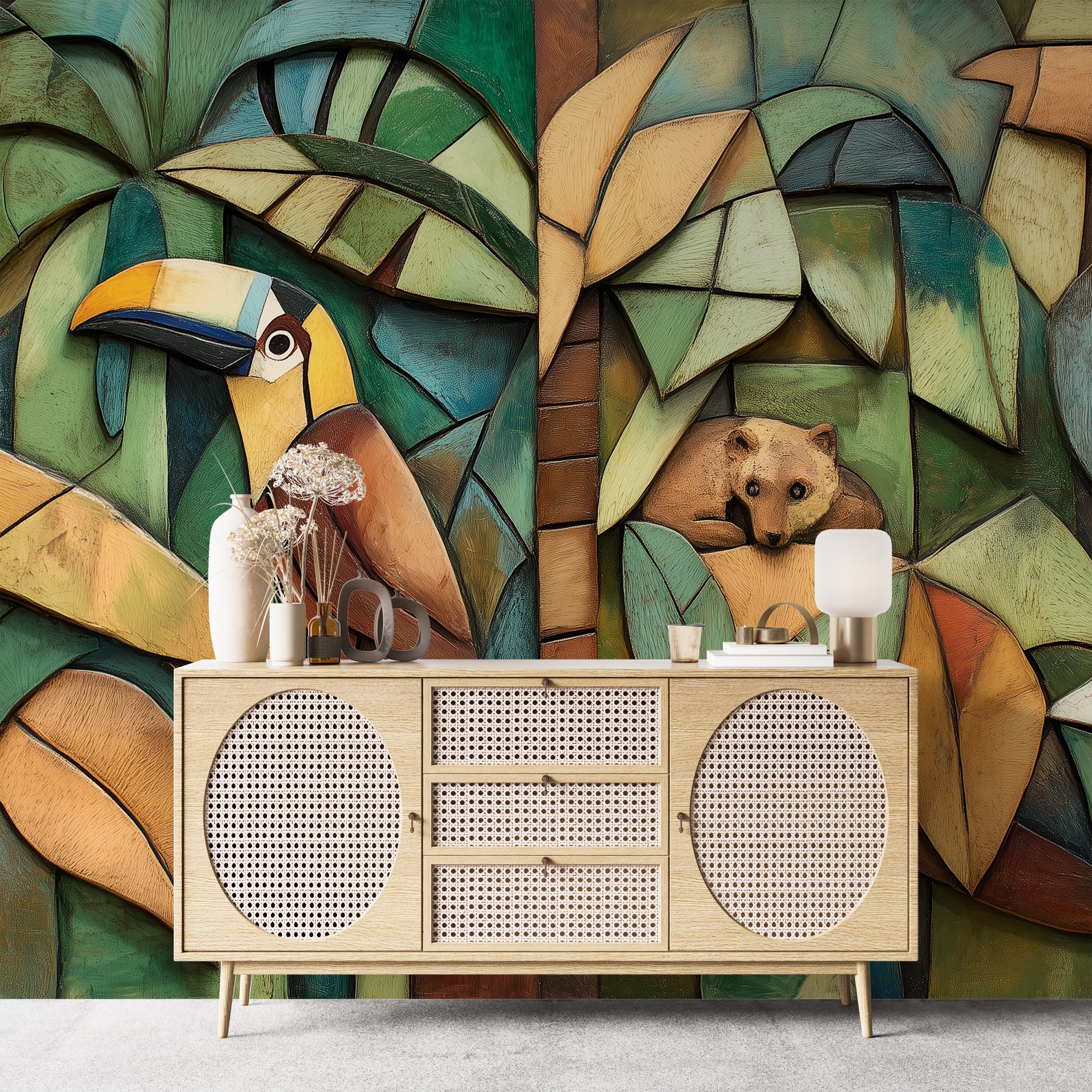 Cubism-style jungle mural with toucan and bear.
Green abstract tropical forest wallpaper.