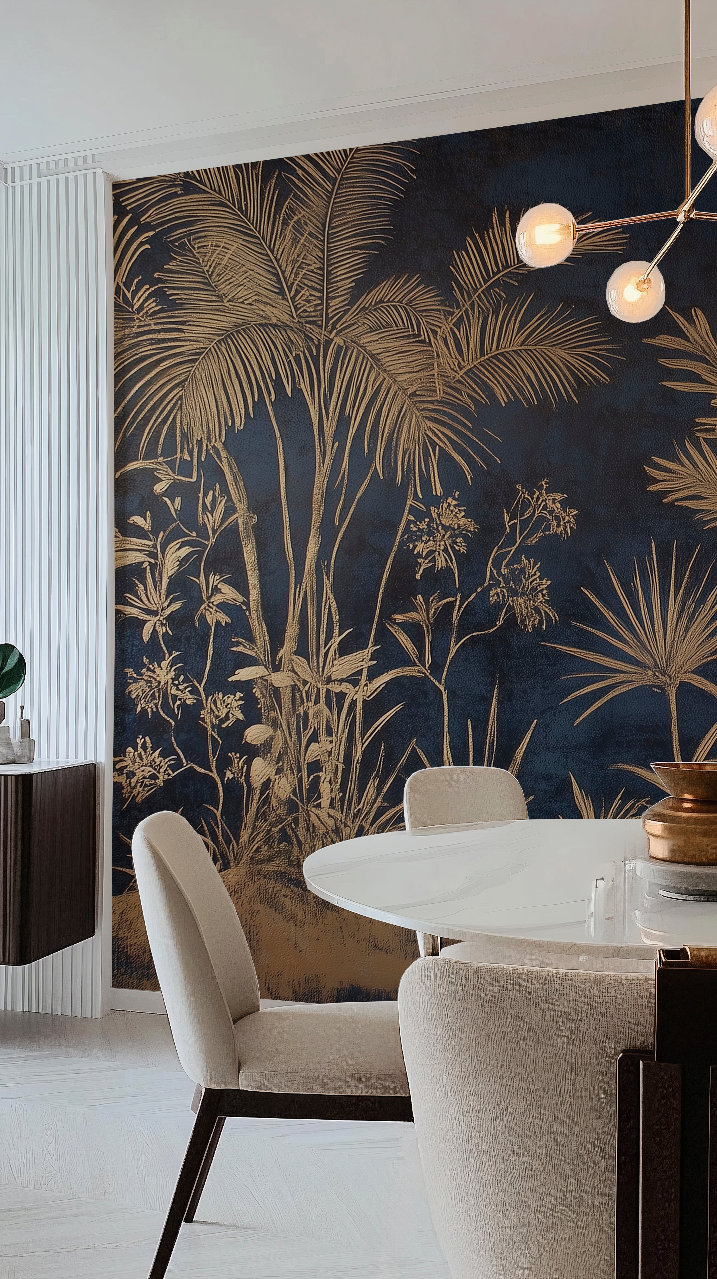 Dark Blue and Beige Palm Trees Mural, Peel and Stick Vintage Forest Wallpaper, Botanical Mural, Luxury Wallpaper