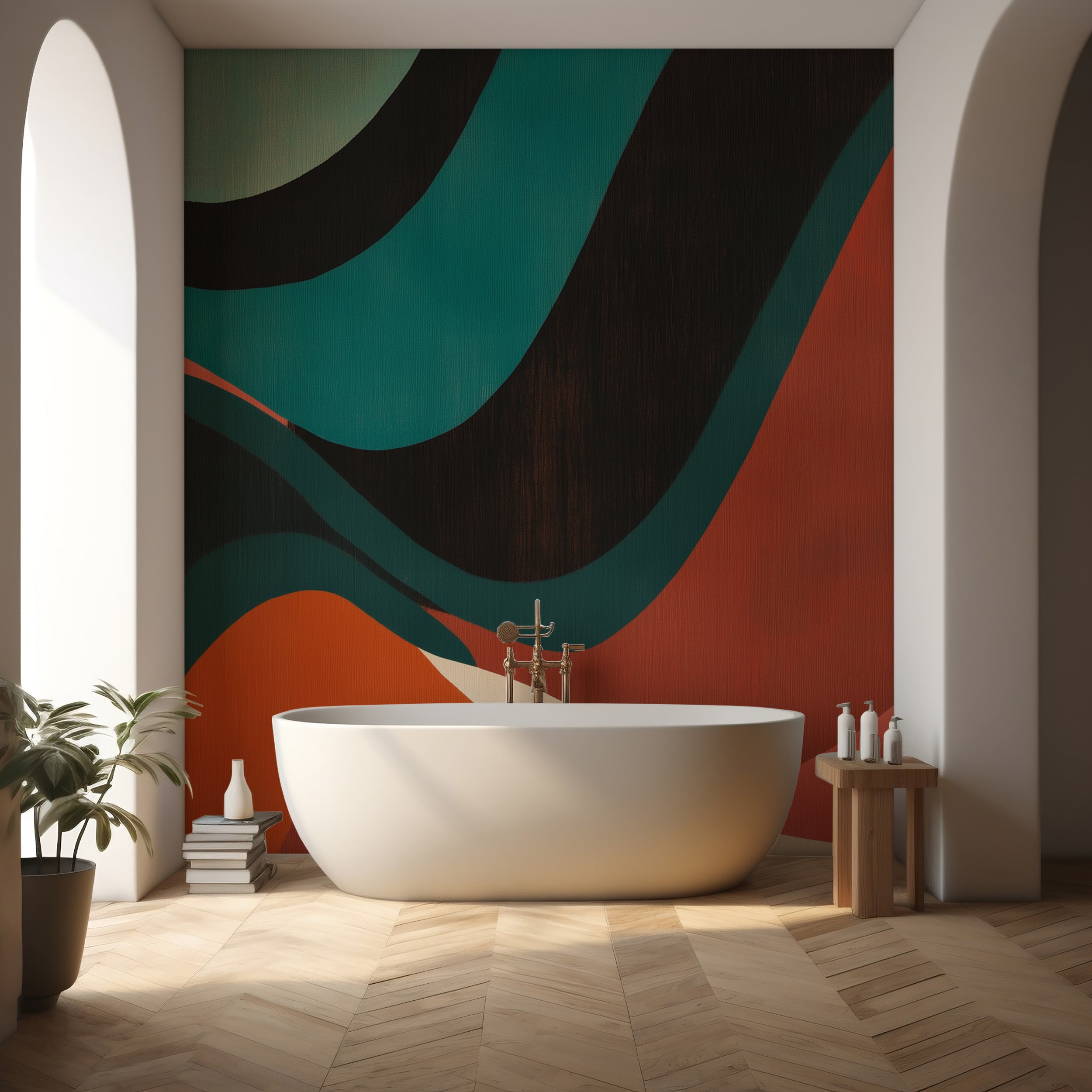 Artistic bold color wall mural.
Green and red abstract pattern wallpaper.