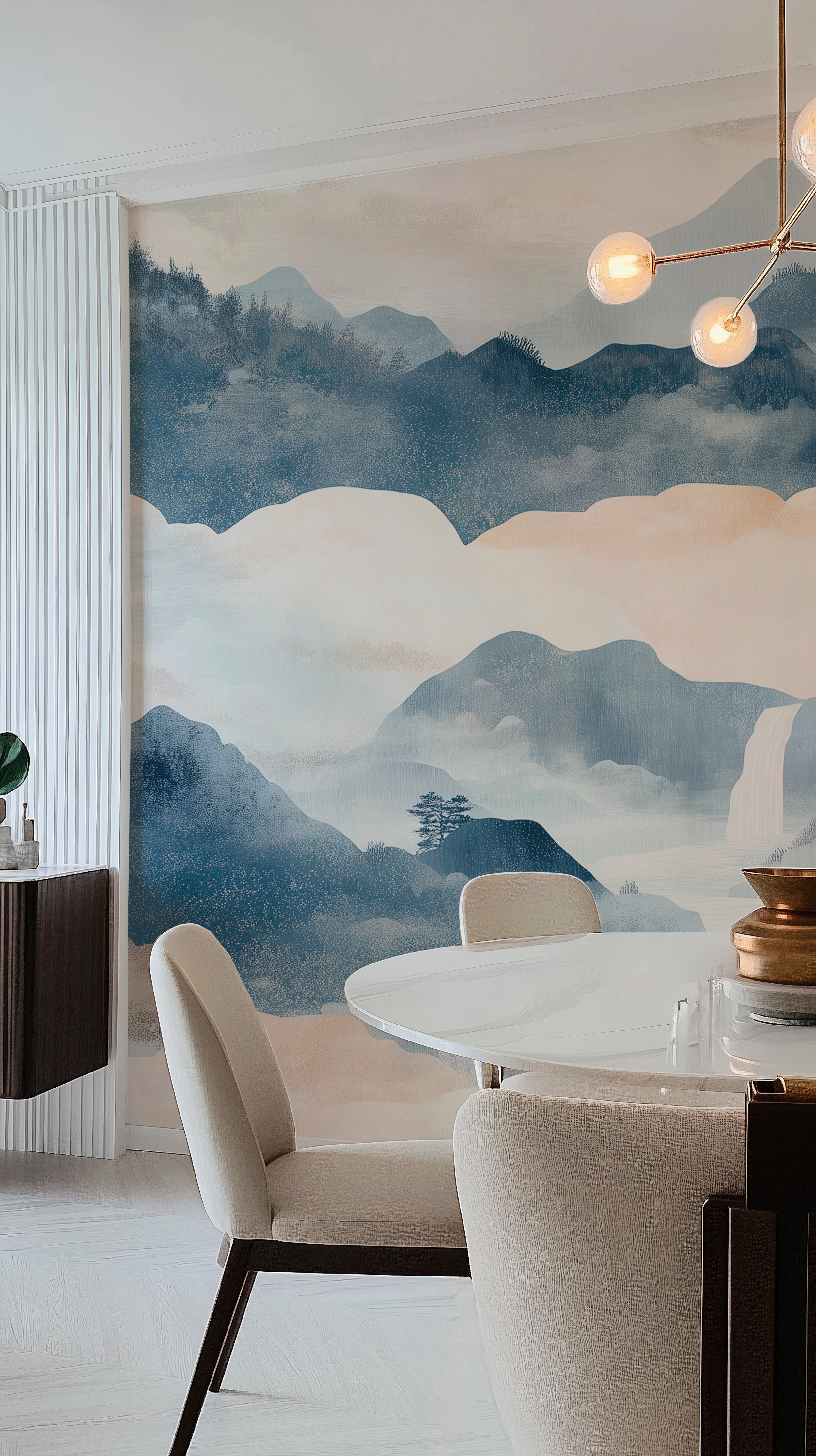 Soft Blue and White Landscape Mural, Chinese Mountains Wallpaper, Watercolor Cloudy Wall Mural, Peel and Stick Decor