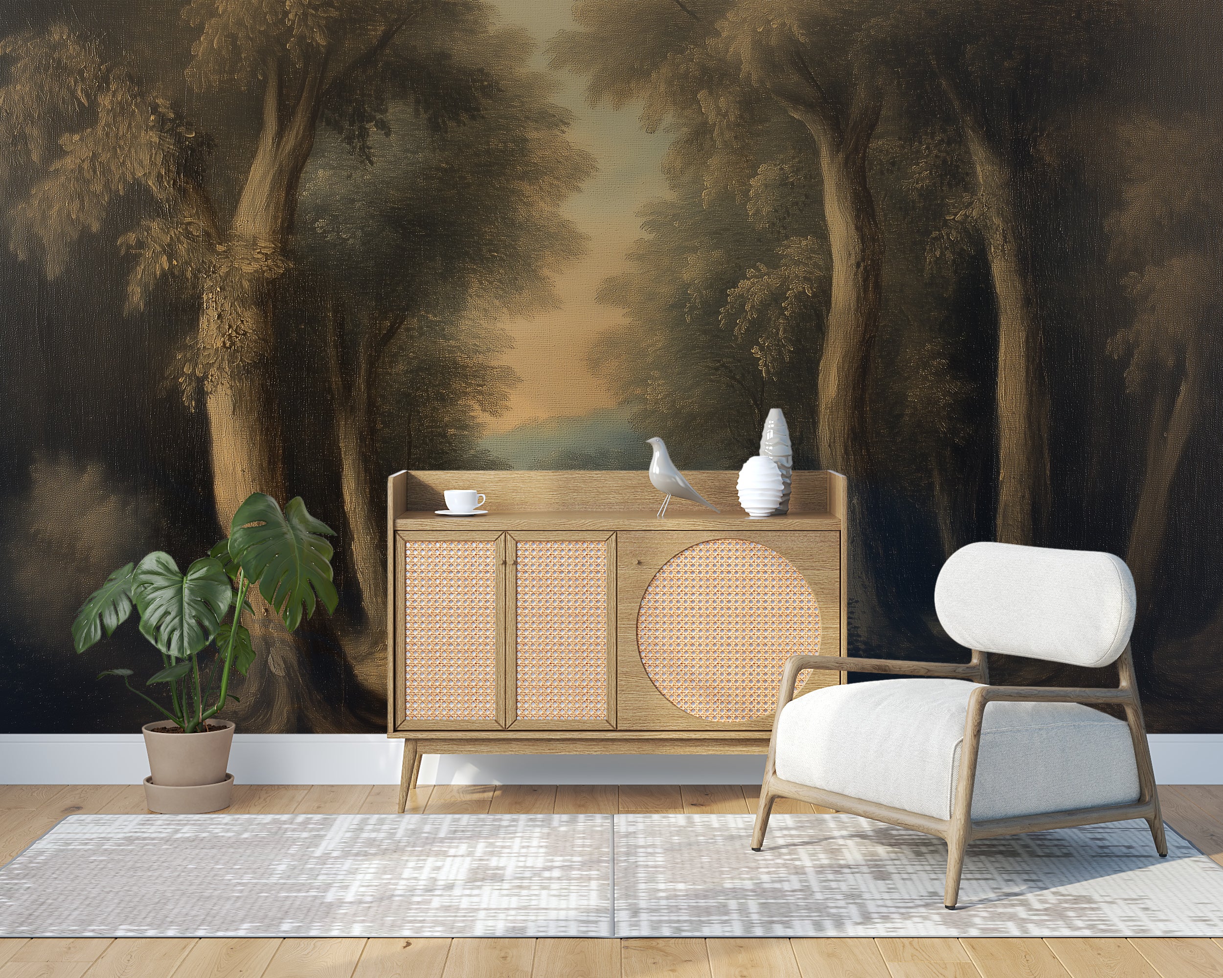 Dark Moody Forest Mural, Vintage Peel and Stick Wallpaper, Rural Trees Wall Decor, Removable Wallpaper