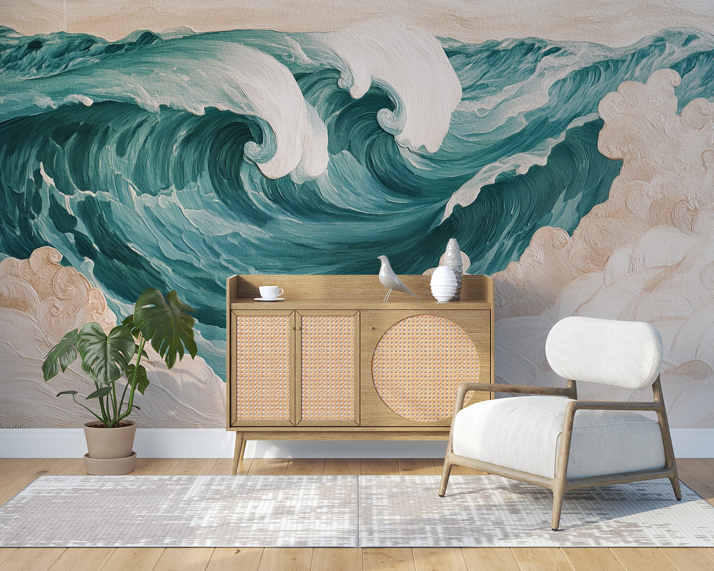Ocean Waves Mural, Peel and Stick Wallpaper, Turquoise Oil Painting Ocean Mural, Custom Size Wall Decor