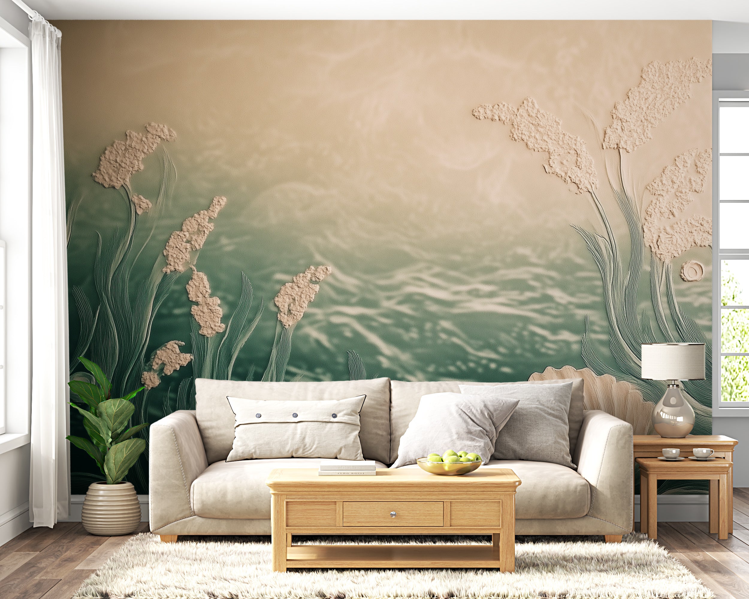 Muted Teal and Beige Underwater Mural, Abstract Nautical Wallpaper, Peel and Stick Ocean Botanical Wall Decor