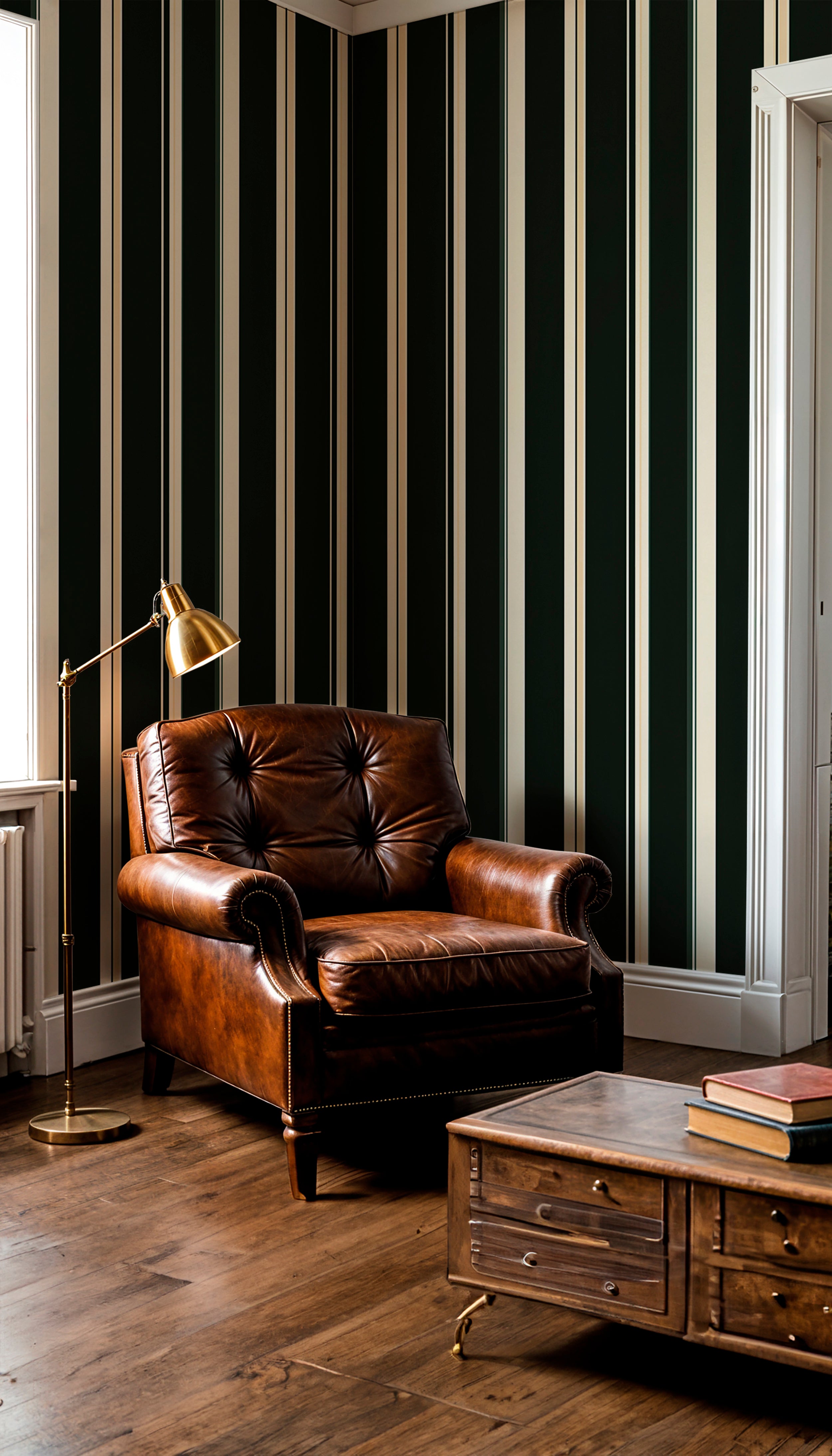 Dark green and beige striped wallpaper.
Elegant vertical stripe wall mural.