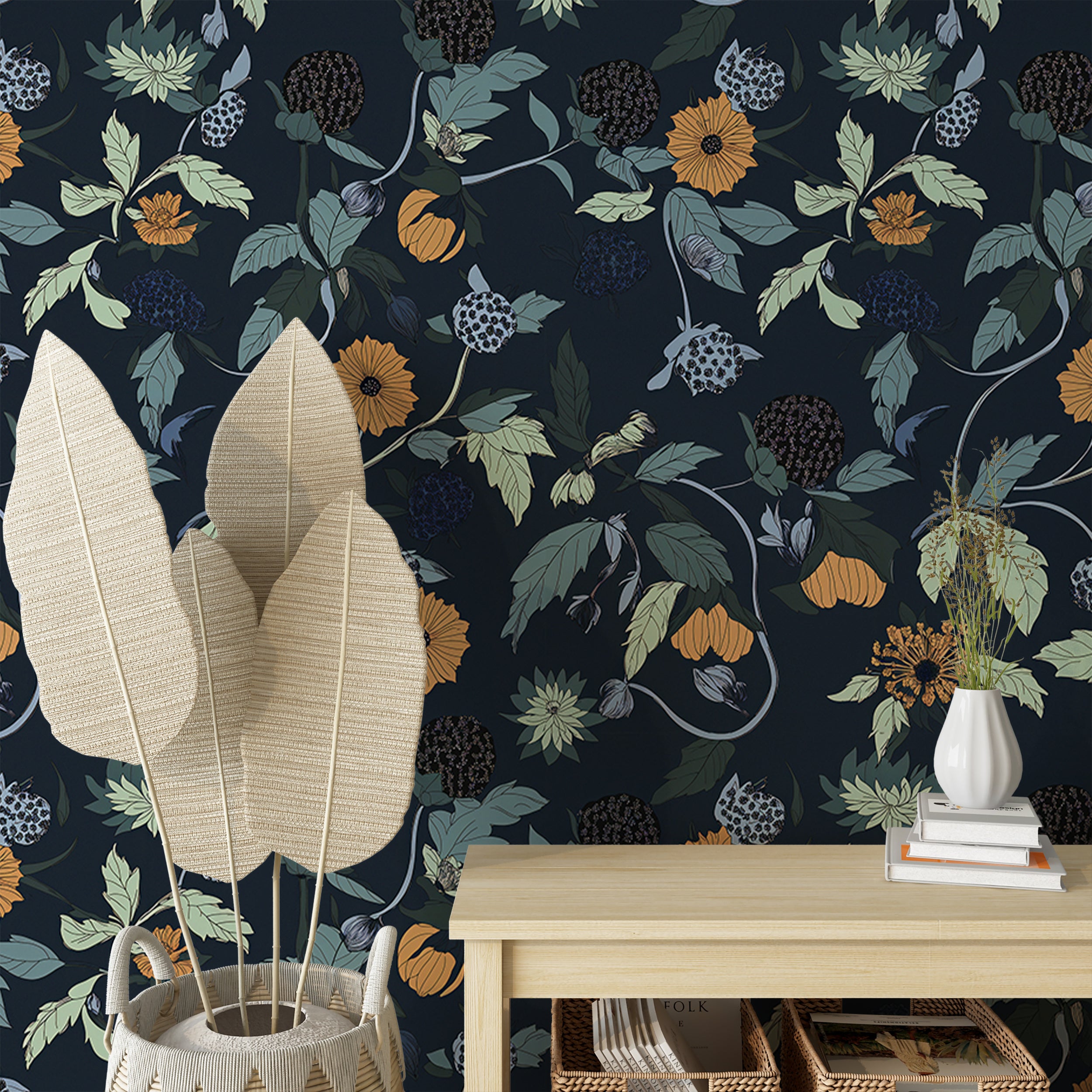 Dark Navy Blue Floral Wallpaper with Berries, Botanical Wall Decor, Hand-Drawn Flower and Berry Design, Modern Nature-Inspired Peel and Stick Wallpaper