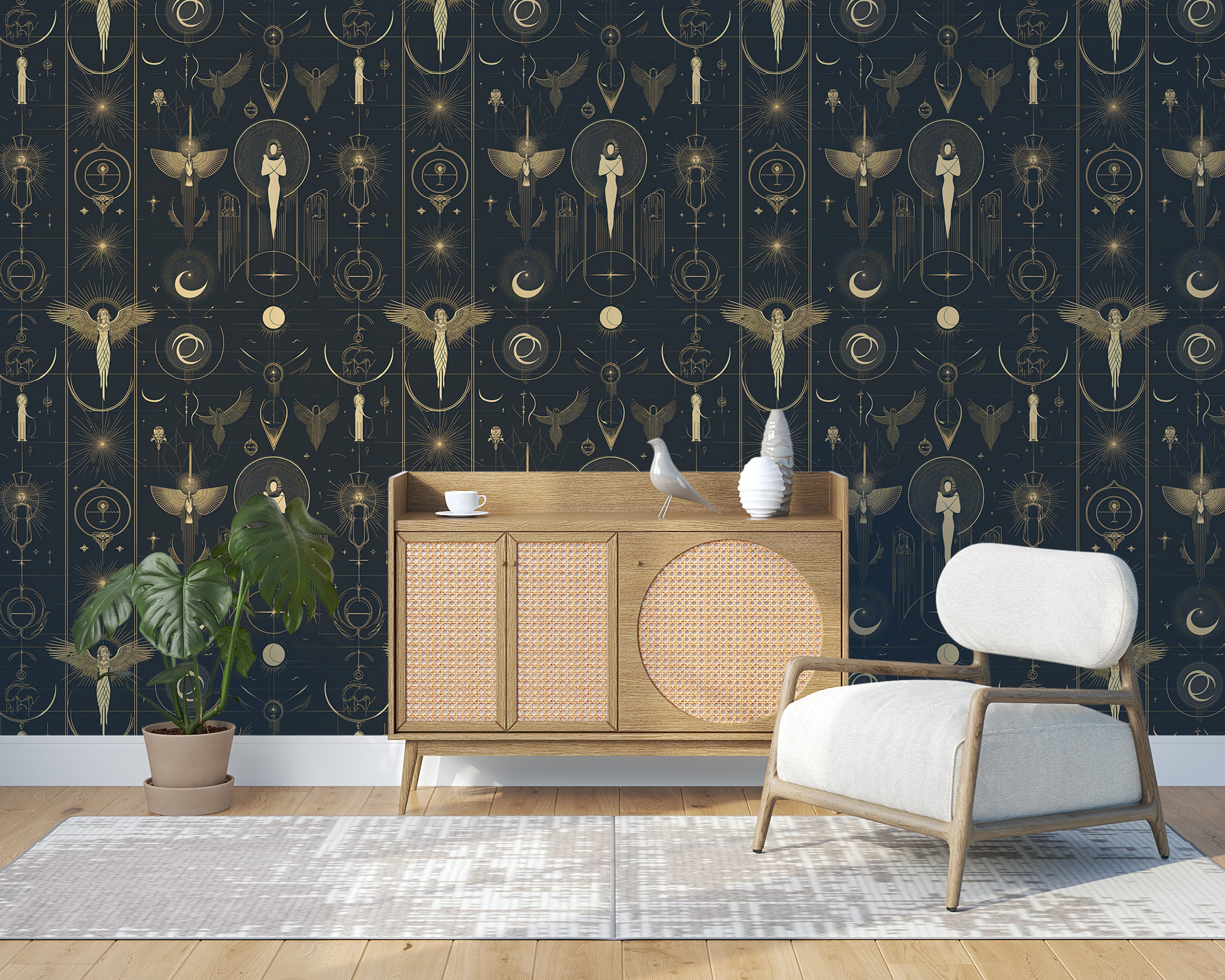 Dark Blue and Bronze Astrology Symbols Wallpaper, Celestial Wall Decor, Zodiac and Star Sign Art, Cosmic Peel and Stick Wallpaper