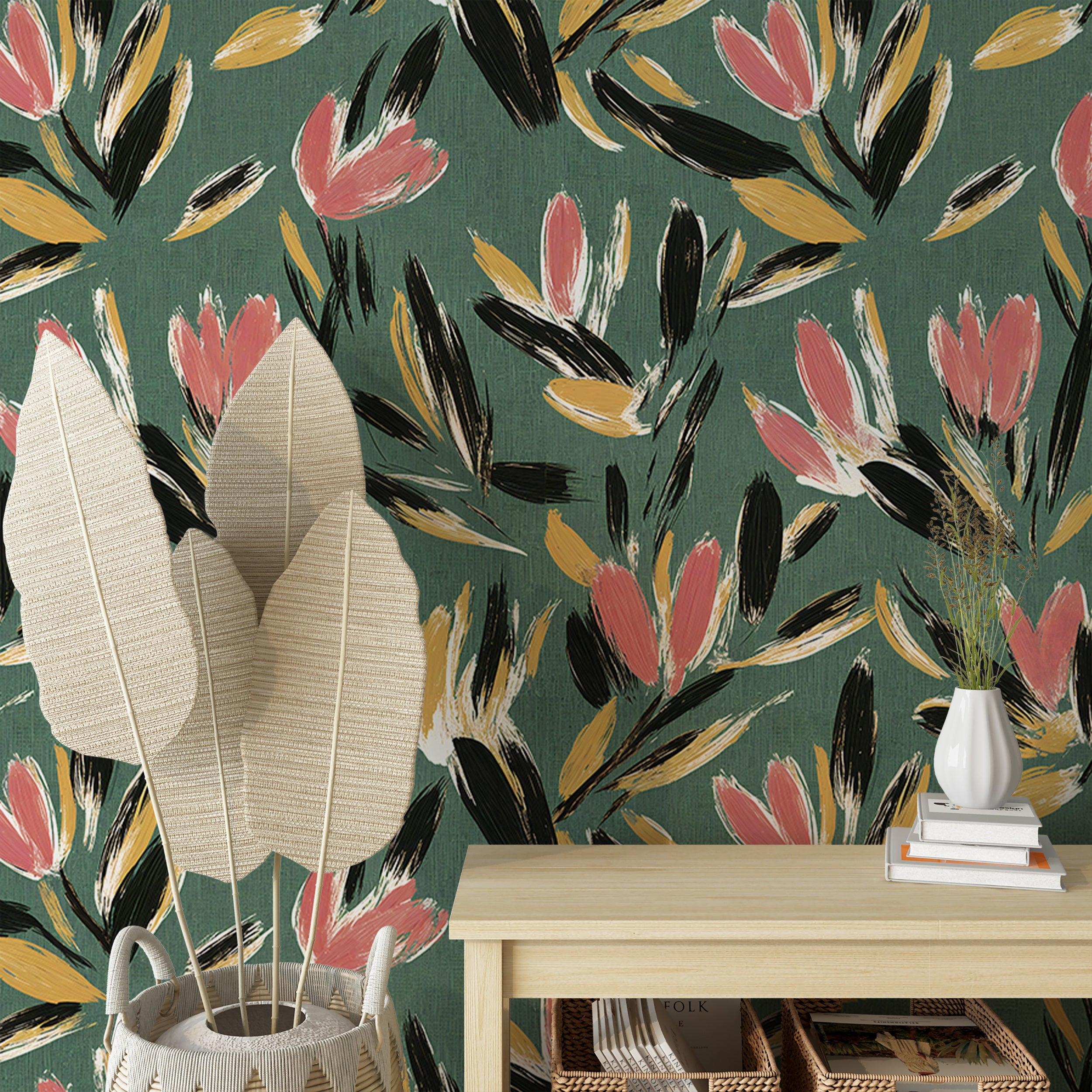 Brush Painted Flowers on Green Linen Wallpaper, Modern Floral Wall Decor, Abstract Floral Art, Contemporary Peel and Stick Wallpaper
