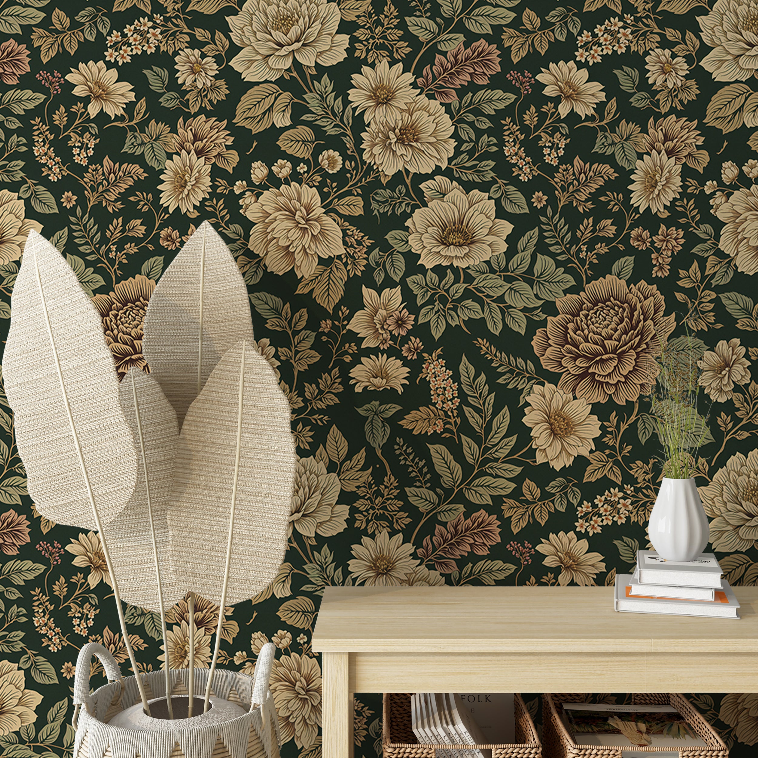 Detailed Green Floral Wallpaper with Beige Flowers, Vintage Peony Pattern, Timeless Rental Friendly Peel and Stick Wallpaper