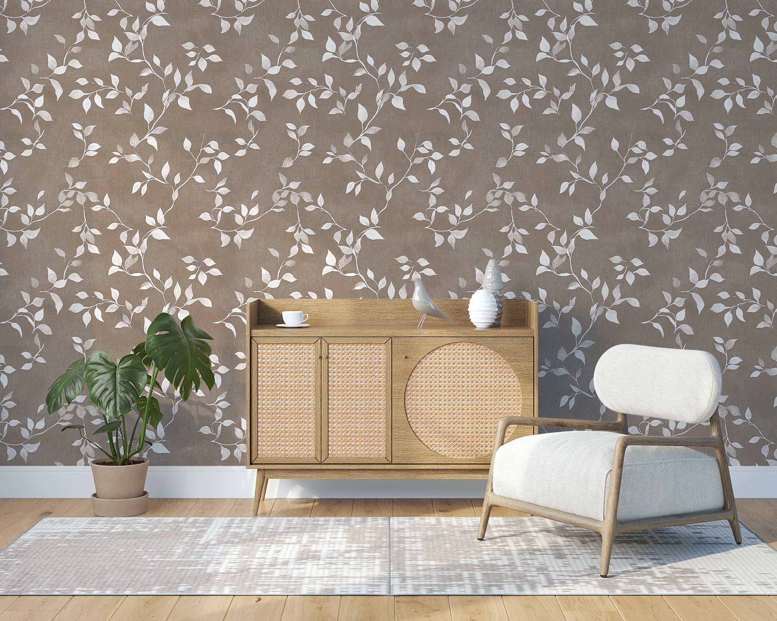 Neutral-toned leaf design wallpaper.
Contemporary botanical wall mural.