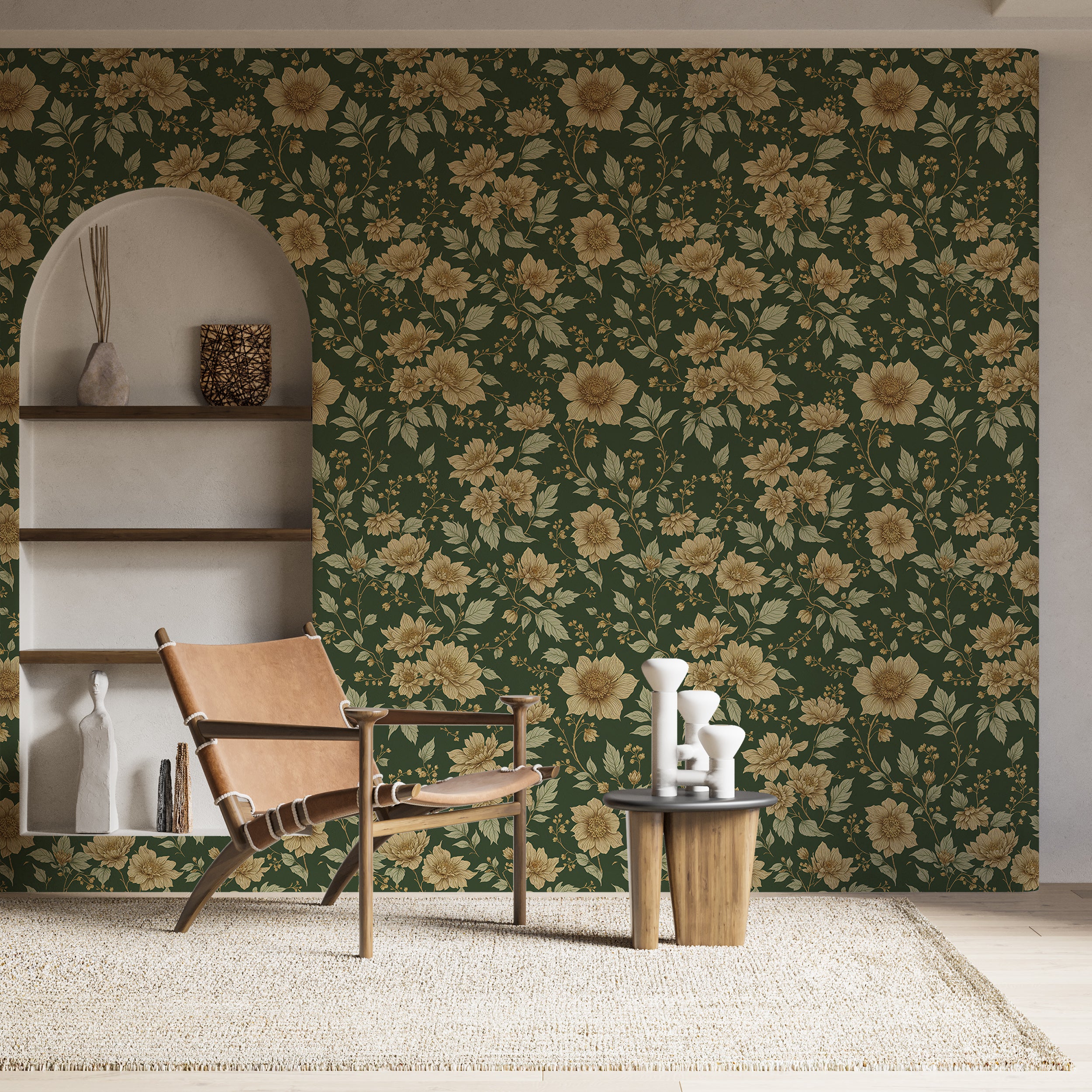 Beige and Green Floral Classic Wallpaper, Vintage Botanical Wall Decor, Elegant Peony and Leaf Design, Timeless Peel and Stick Wallpaper