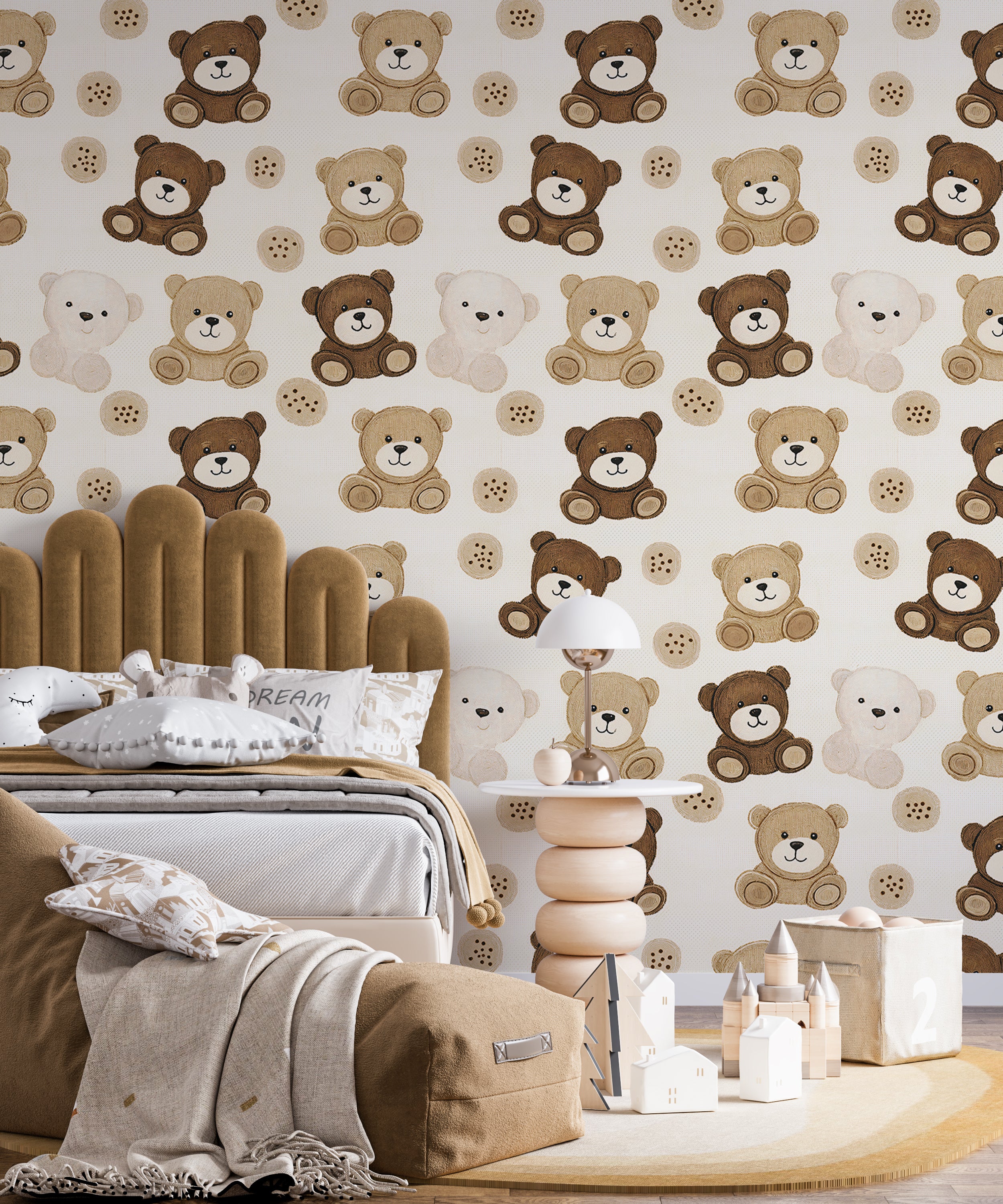 Nursery beige animal toy wallpaper.
Cute baby room wall mural with toy bears.