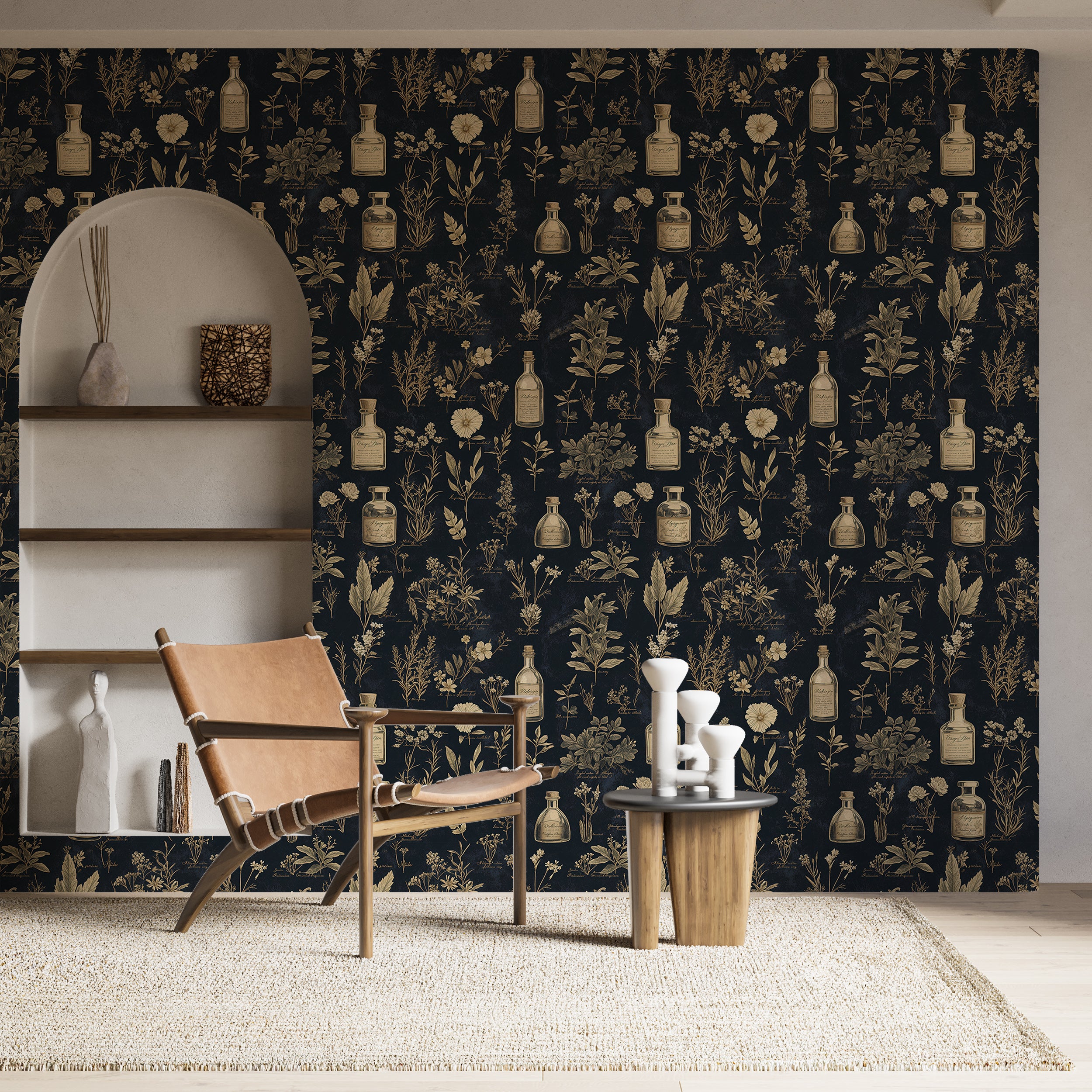 Dark Navy Blue Alchemy Symbols Wallpaper, Mystical Wallpaper, Ancient Alchemical Pattern, Herbal Peel and Stick Wallpaper