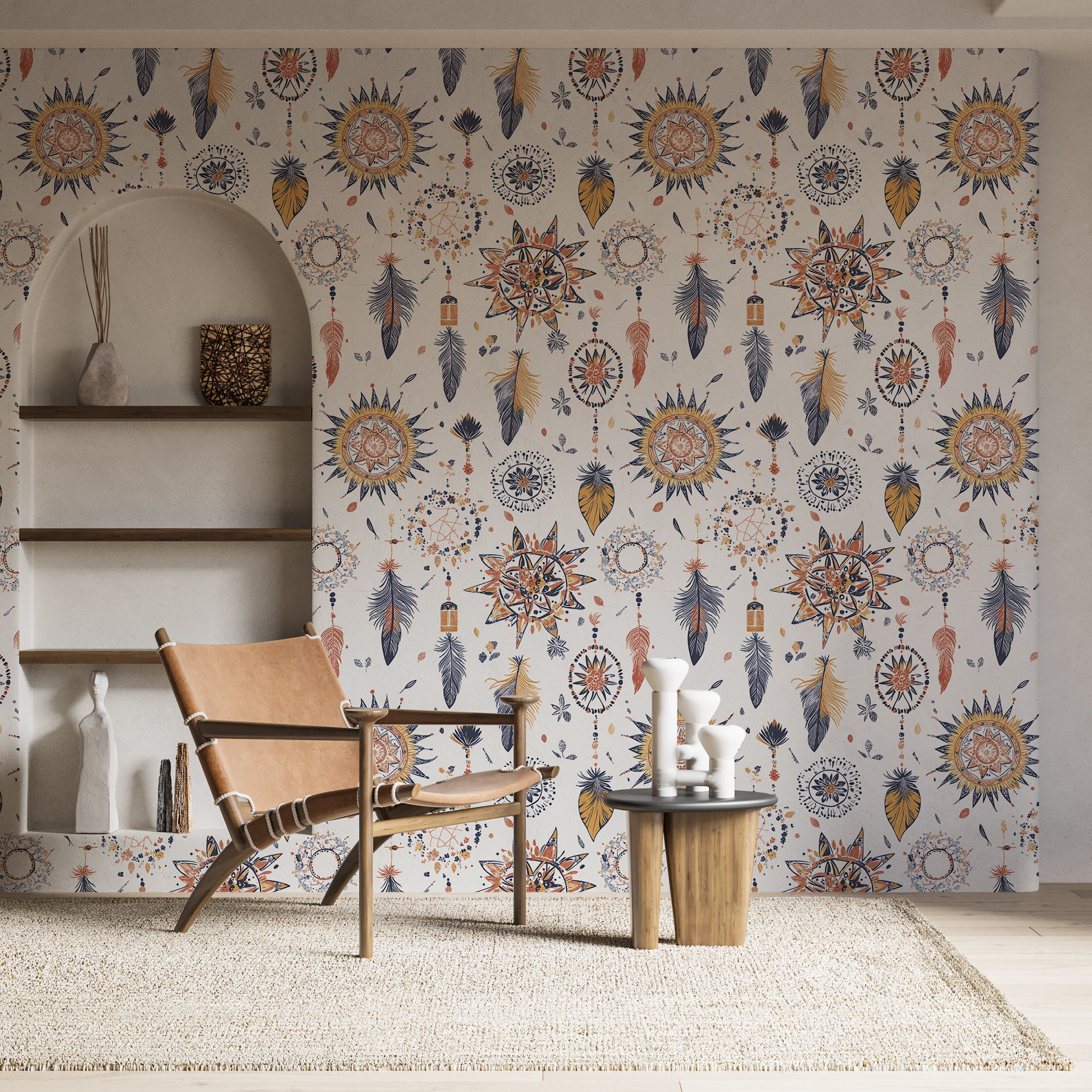Boho Symbols White Wallpaper, Abstract Bohemian Wall Decor, Spiritual and Mystical Symbols, Modern Peel and Stick Wallpaper