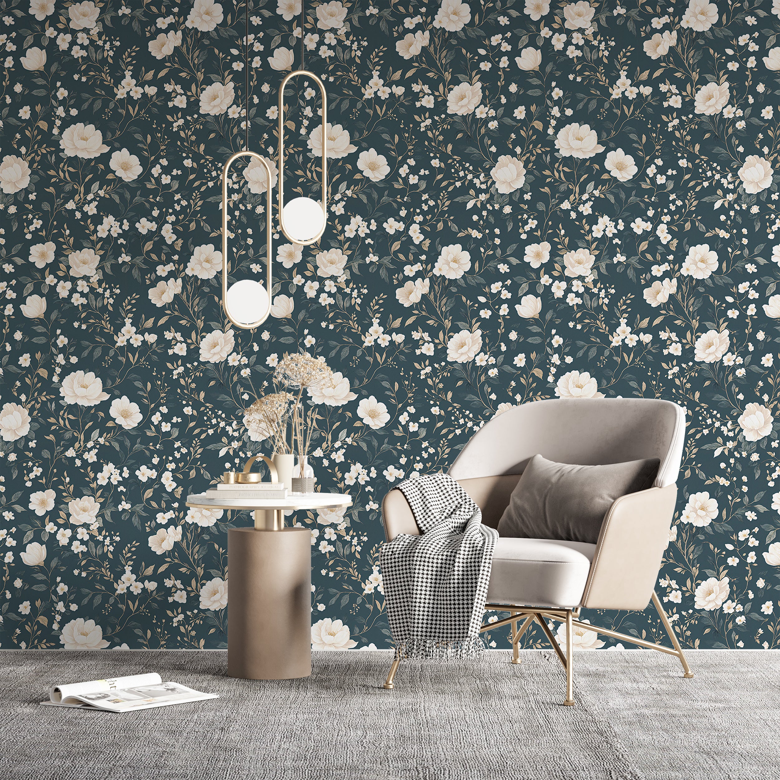 Watercolor white flowers on blue background wallpaper.
Elegant floral watercolor wall mural.