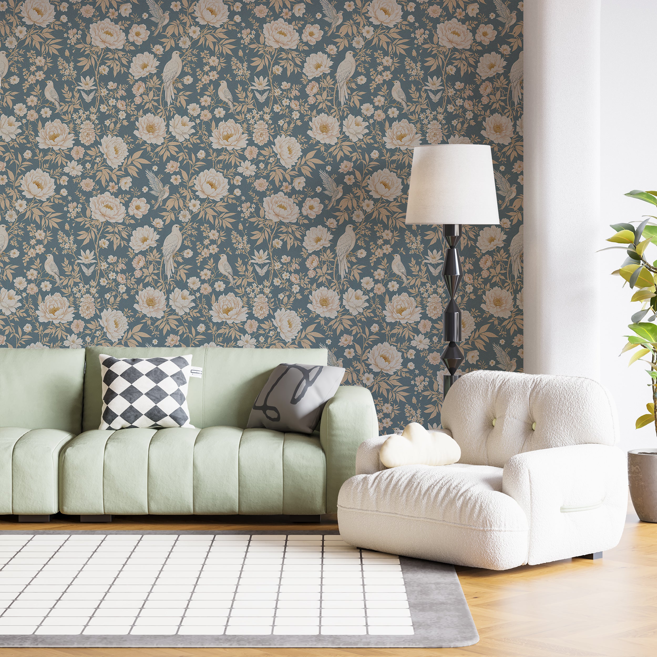 Watercolor Baby Blue Chinoiserie Wallpaper, Elegant Japanese Pattern, Peel and Stick Wallpaper