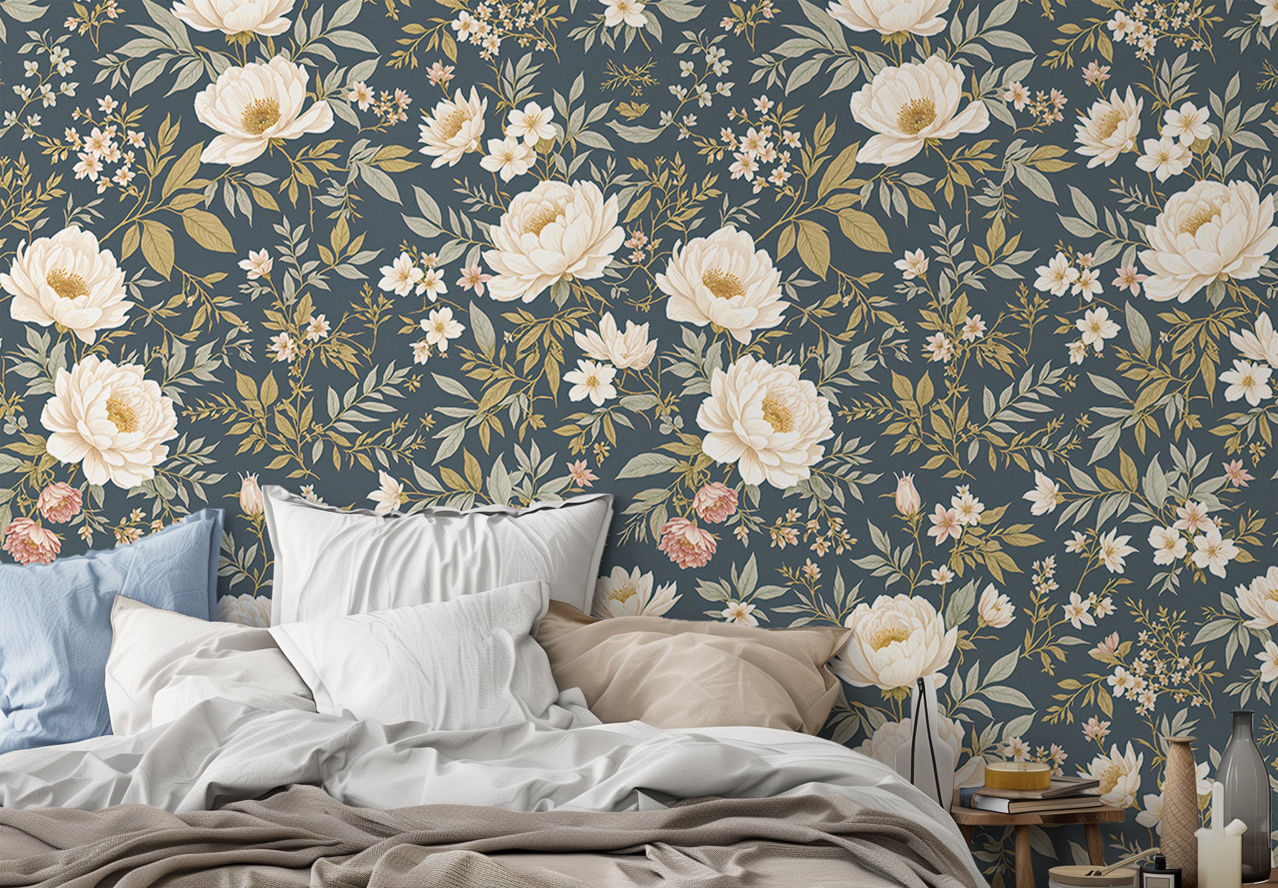 Peonies on blue muted background wallpaper.
Elegant floral wall mural with peonies.