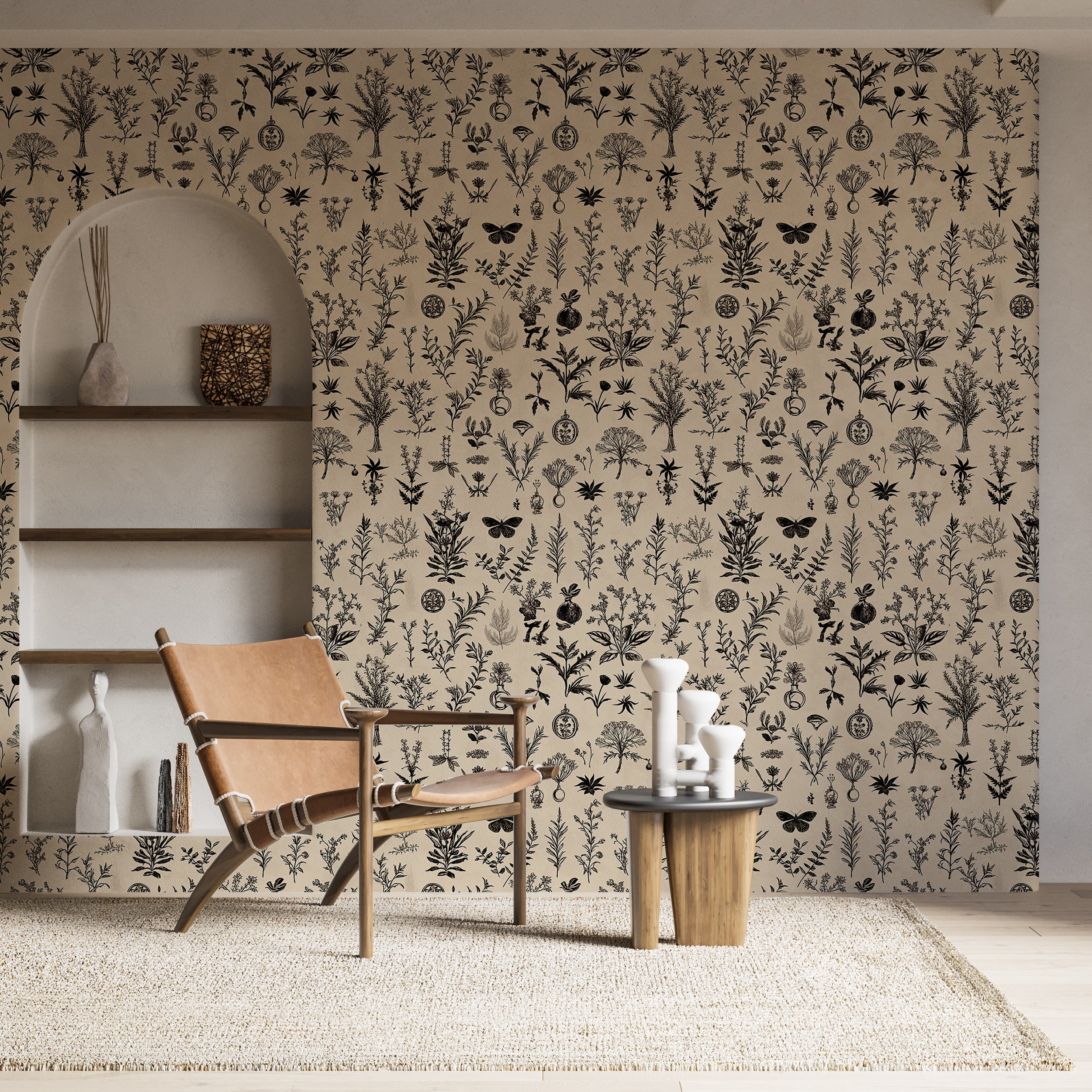 Ancient herbal and alchemical design wallpaper.
Renter-friendly mystical wall mural.