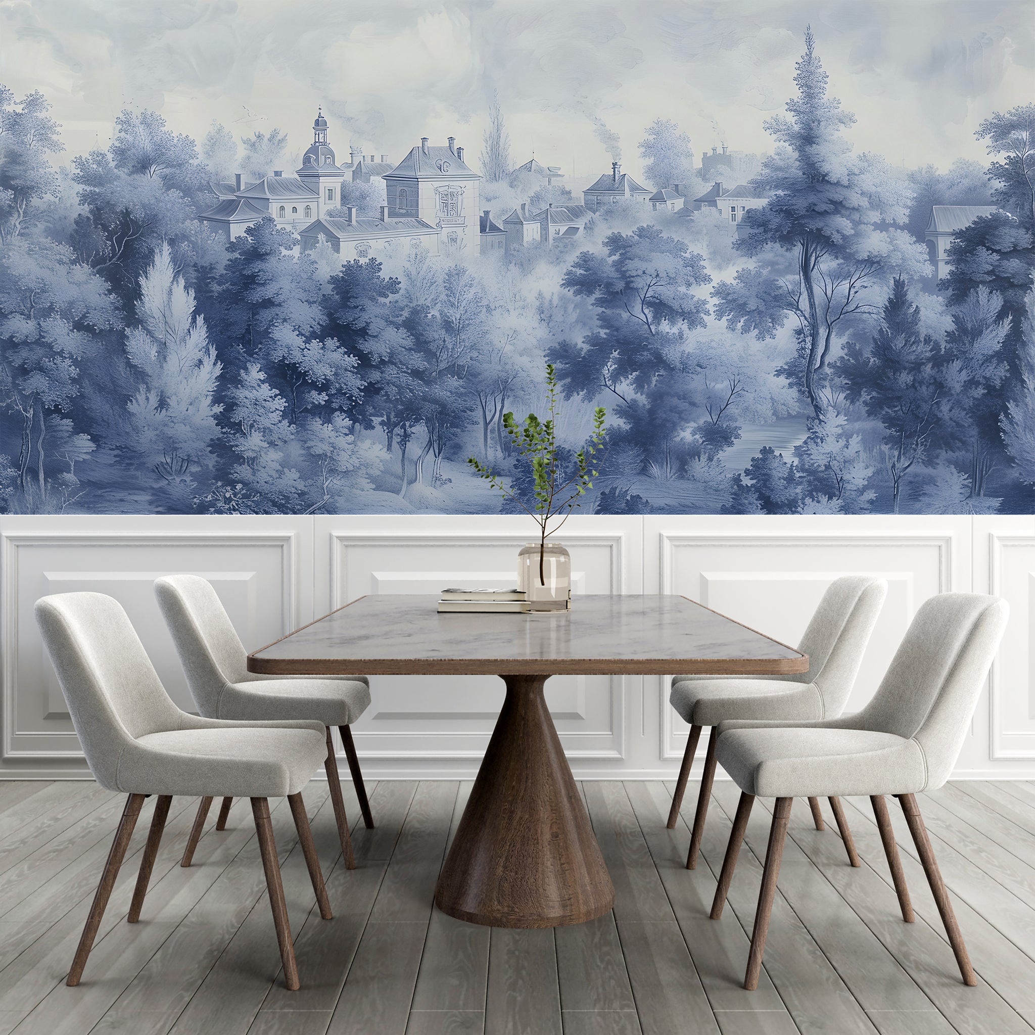 French Toile Mural Wallpaper | Blue Pastoral Landscape Design