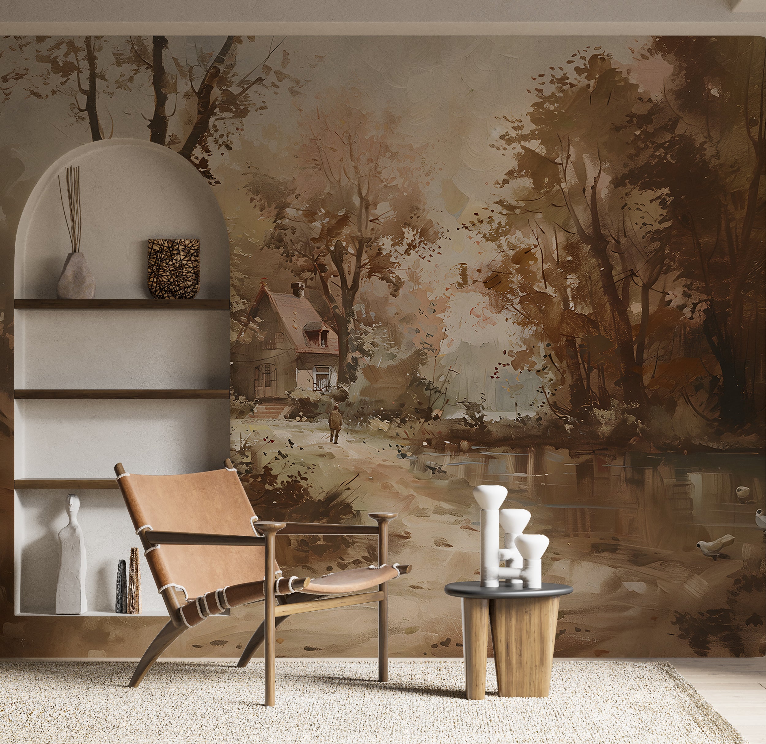 Rustic Cabin in the Woods Wall Decal Autumn Forest Wall Art for Living Room