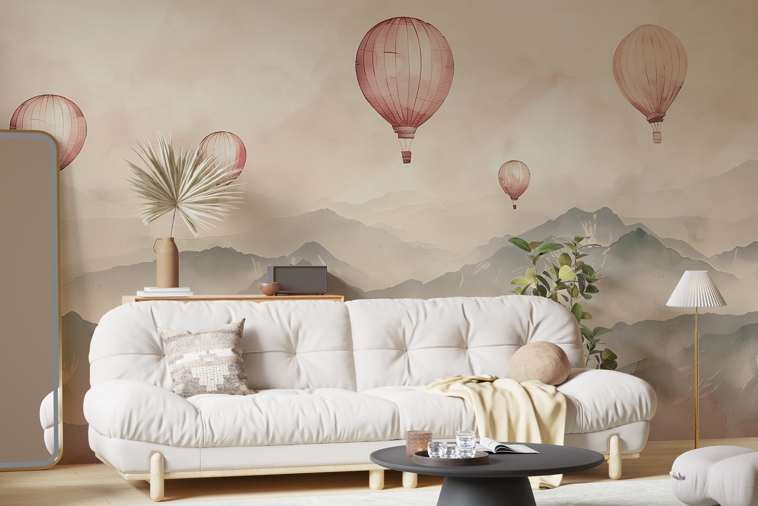 Soft Pink Hot Air Balloons Mural, Watercolor Mountain Landscape Wallpaper, Hot Air Balloons over the Mountains Mural, Peel and Stick Nursery