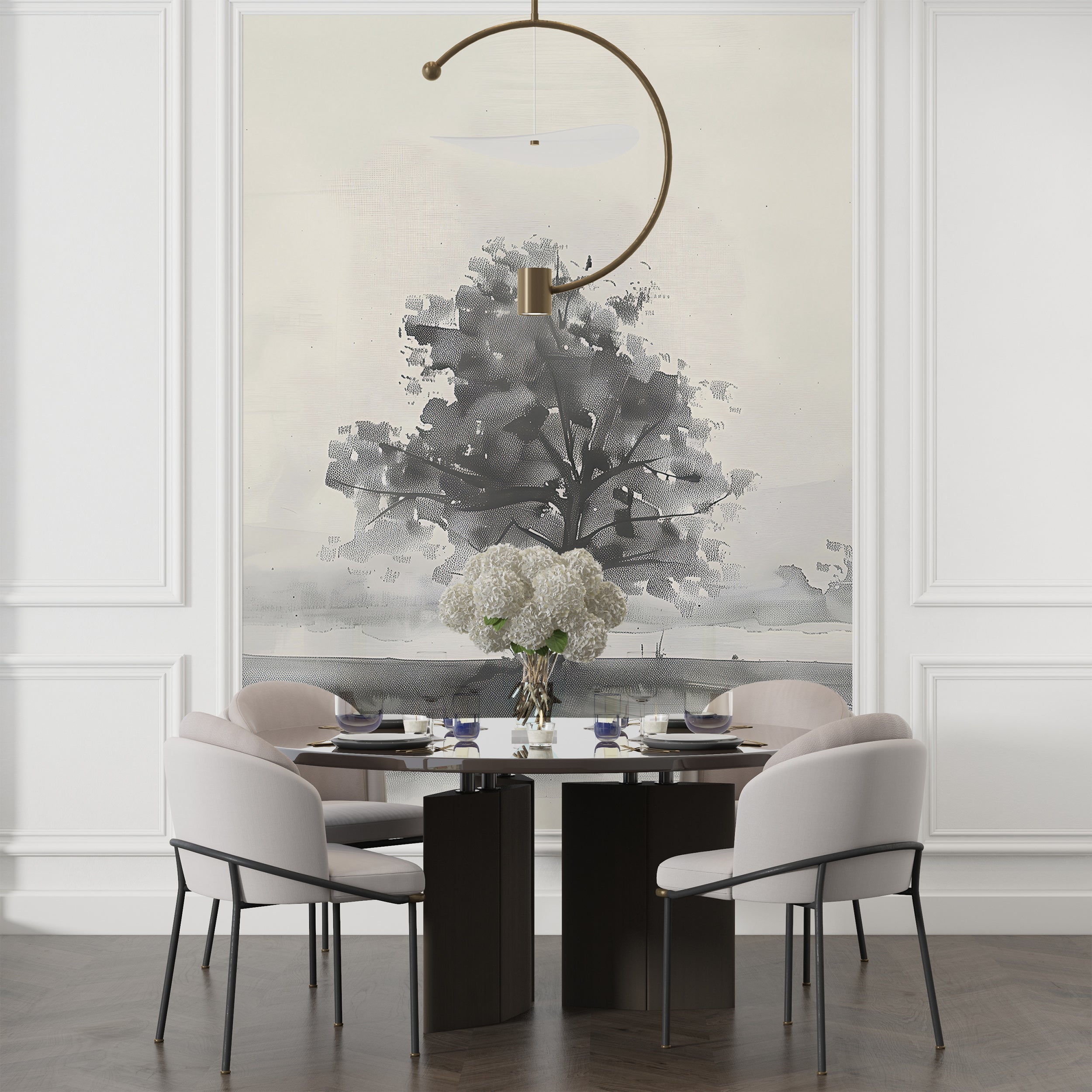 Monochrome Tree Mural, Vintage Black and White Landscape Wallpaper, Peel and Stick or Pre-pasted Minimalistic Painting Wall Art Decor