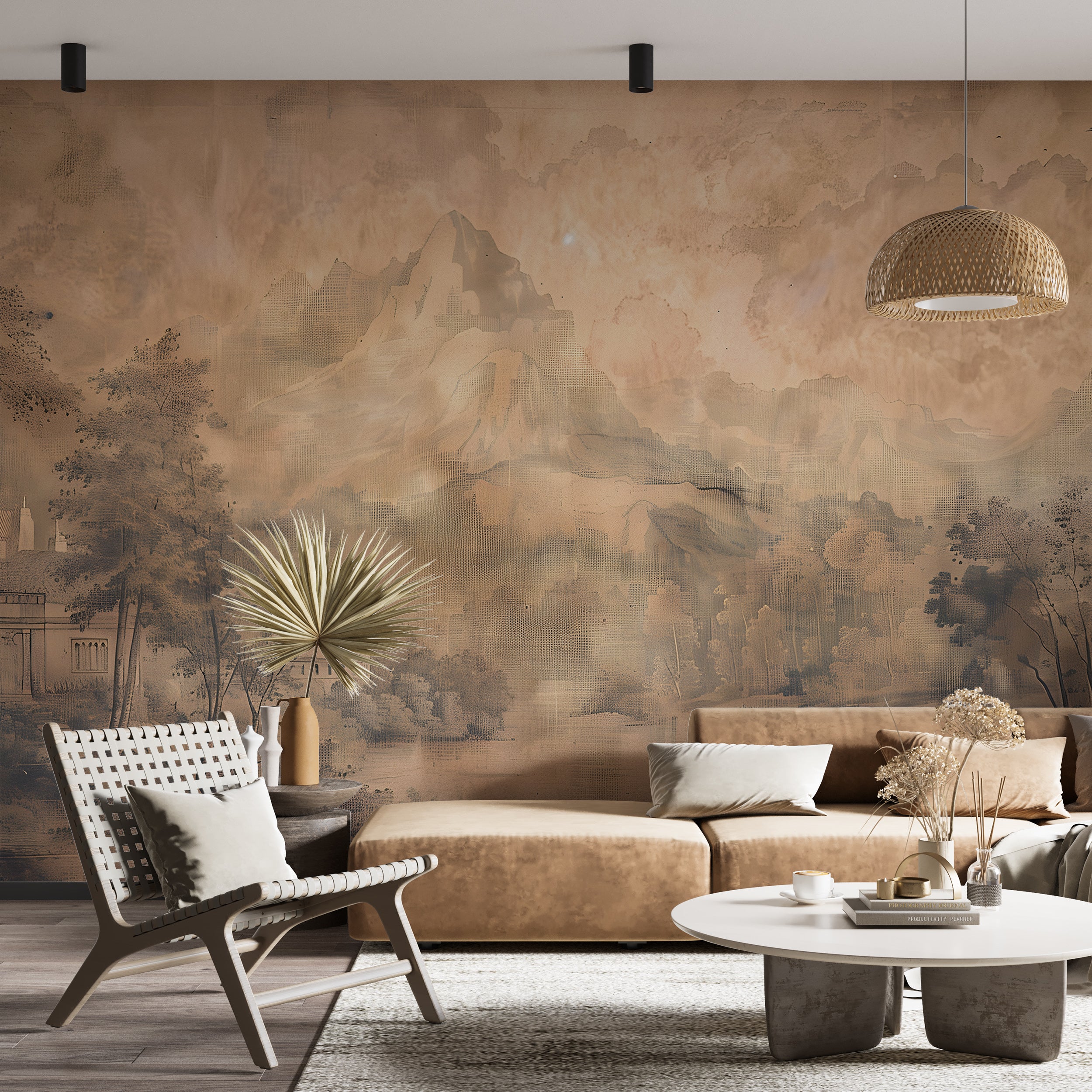 Sepia mountain and forest mural Rustic nature painting wallpaper
