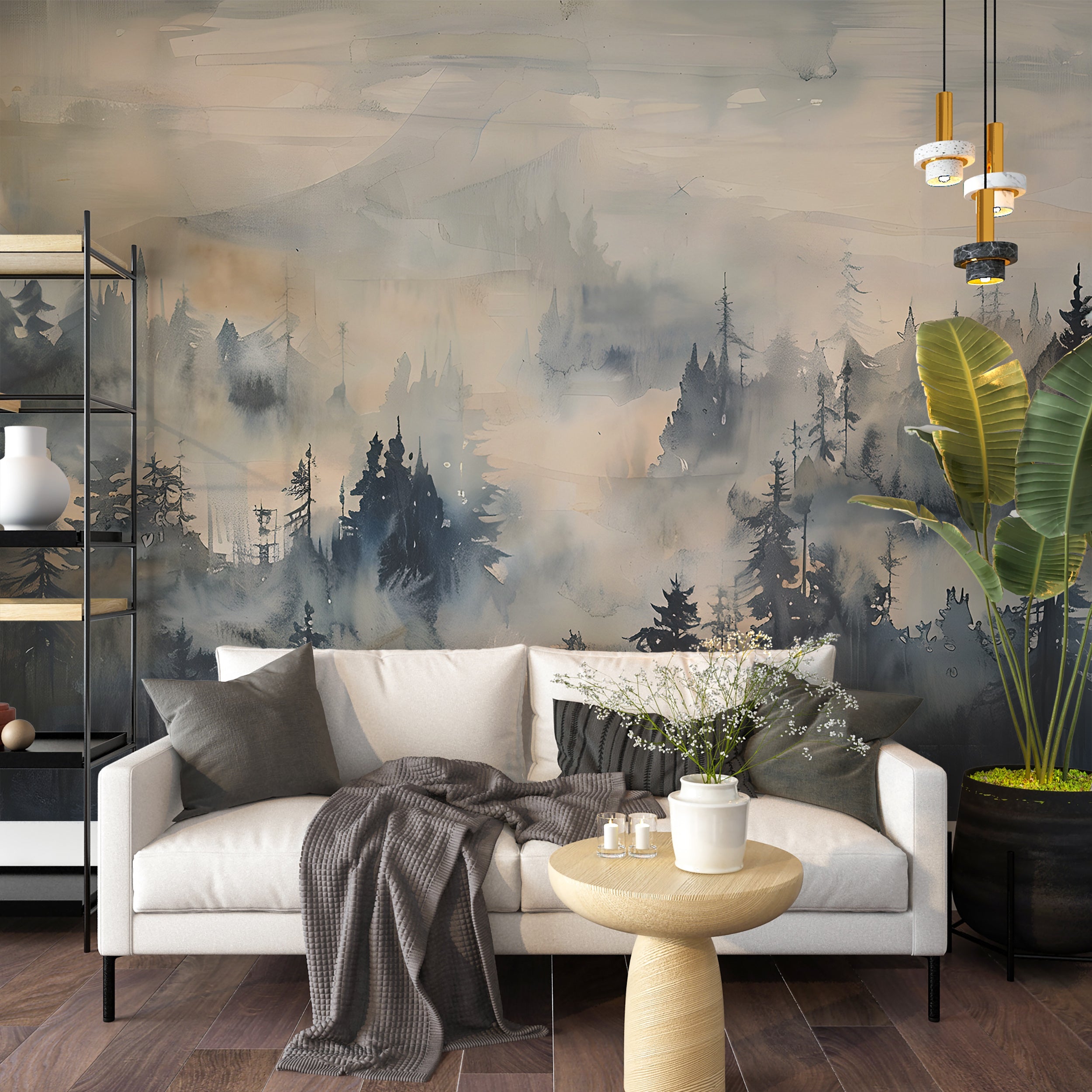 Misty Abstract Forest Wallpaper, Peel and Stick Foggy Forest Mural, Dark Watercolor Trees Decor, Removable Landscape Art