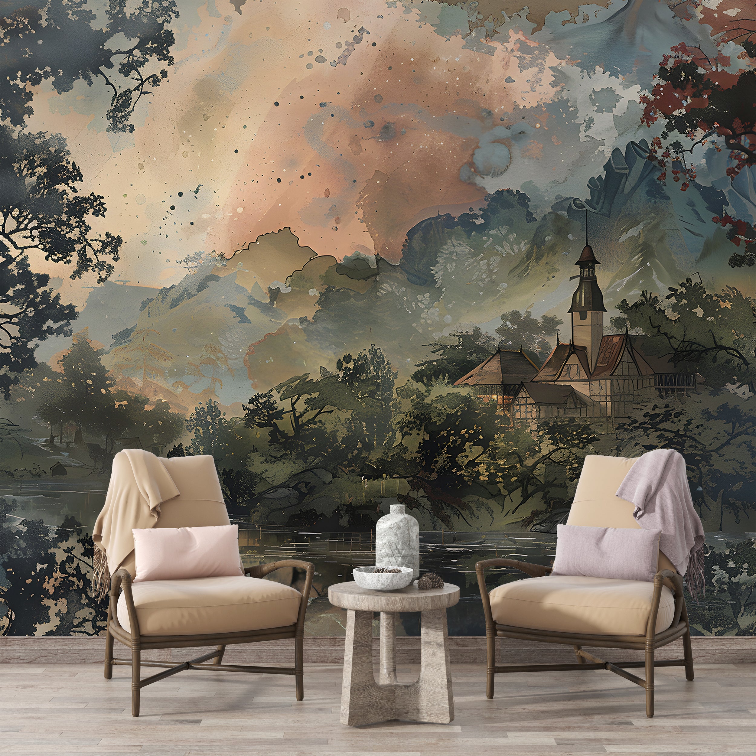 Riverside House Watercolor Wallpaper, Vintage Forest Classic Wallpaper, Peel and Stick Scenic Decor, Old Style Landscape Painting Wall Art