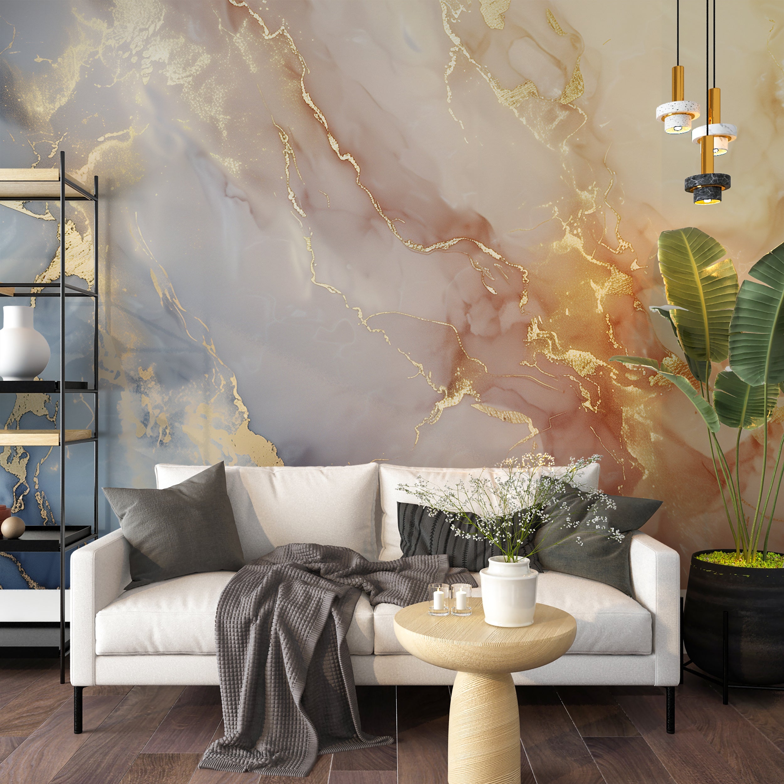 Blue Orange and Gold Marble Wallpaper, Abstract Accent Wall Pastel Colors Art, Peel and Stick Alcohol Ink Mural, Blue and Orange Stone Mural
