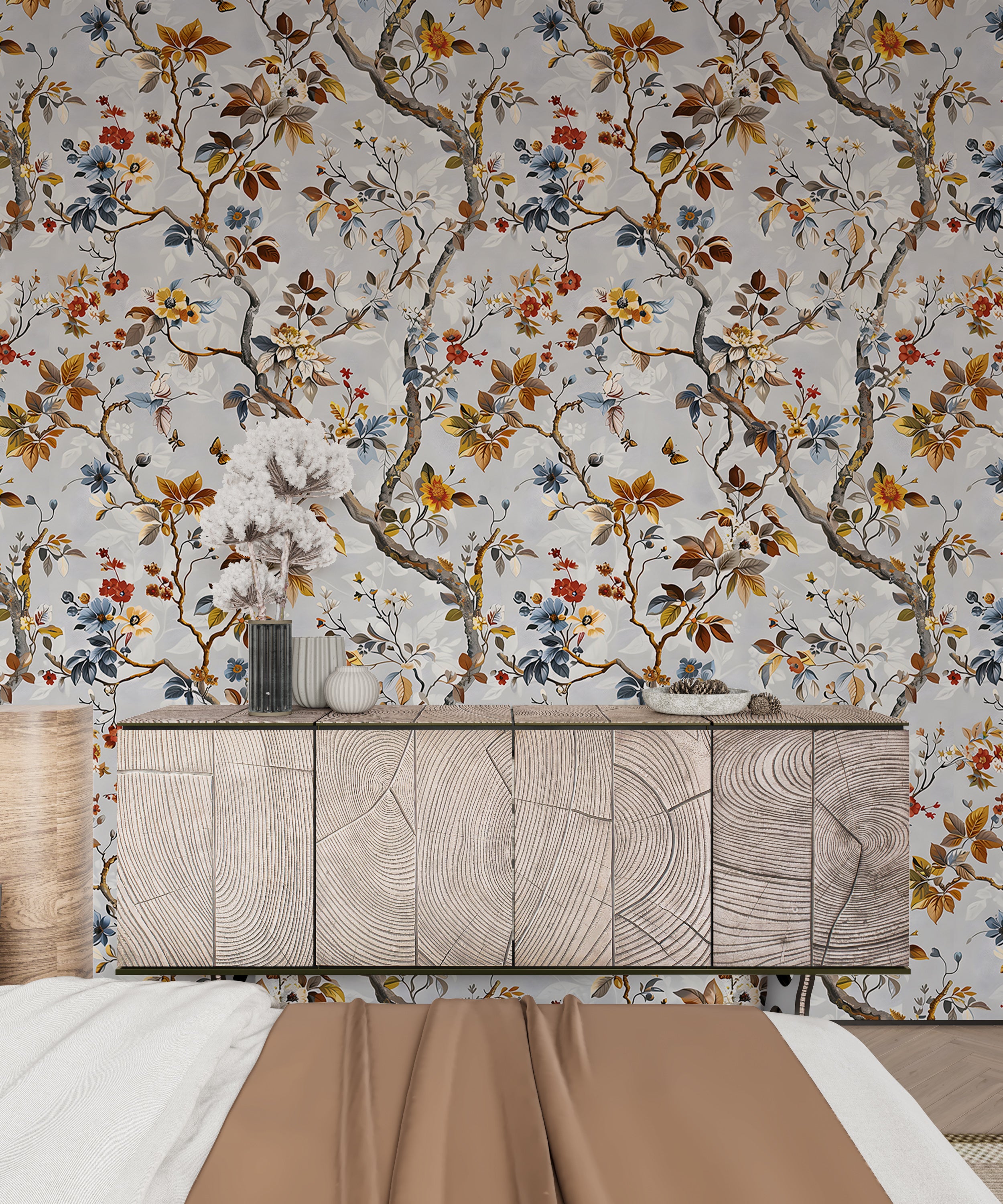 Fall botanical wallpaper grey Grey floral wallpaper peel and stick