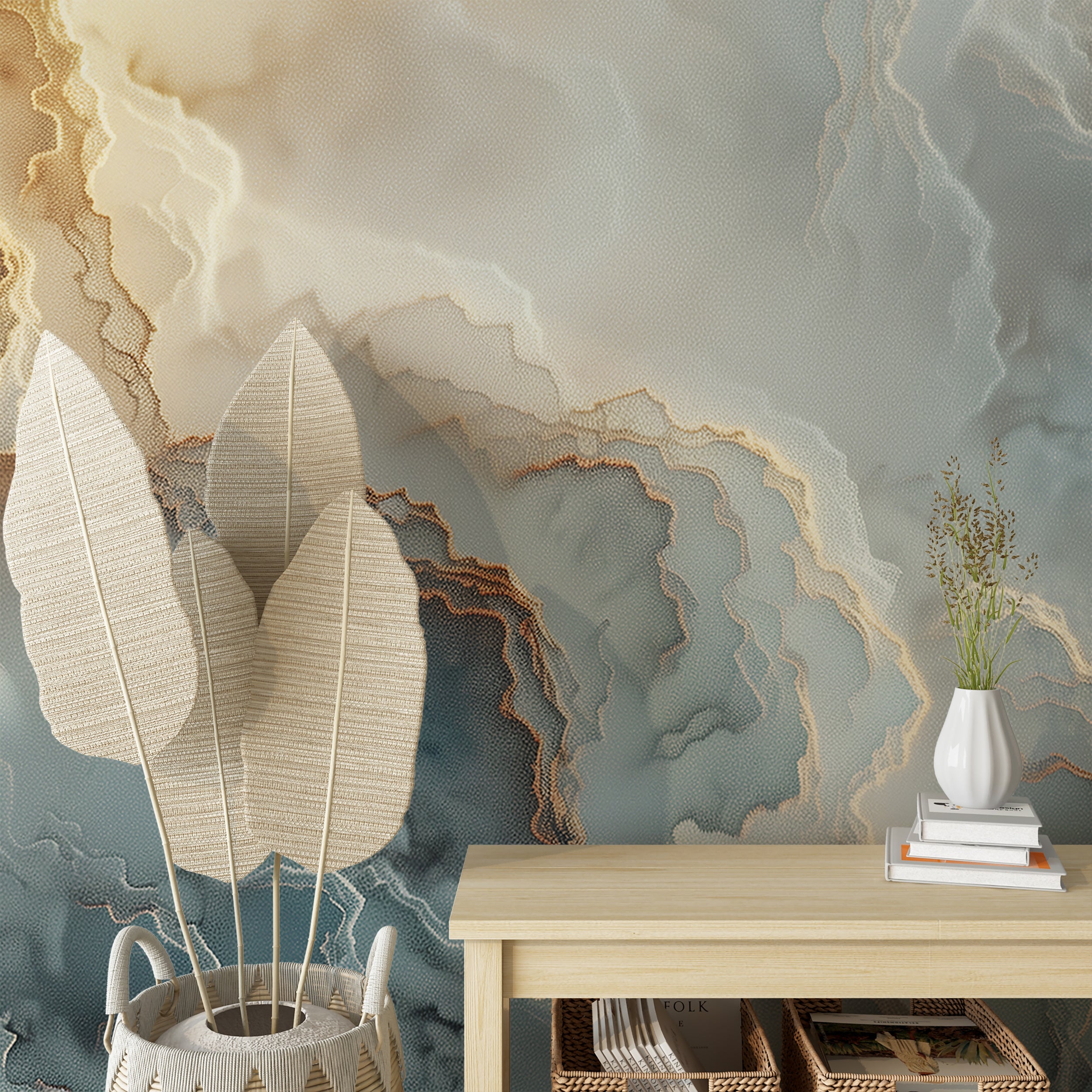 Blue Beige and Gold Marble Mural, Leather Style Texture Marble Wallpaper, Abstract Sky Blue Accent Wall Mural, Peel and Stick Removable Art