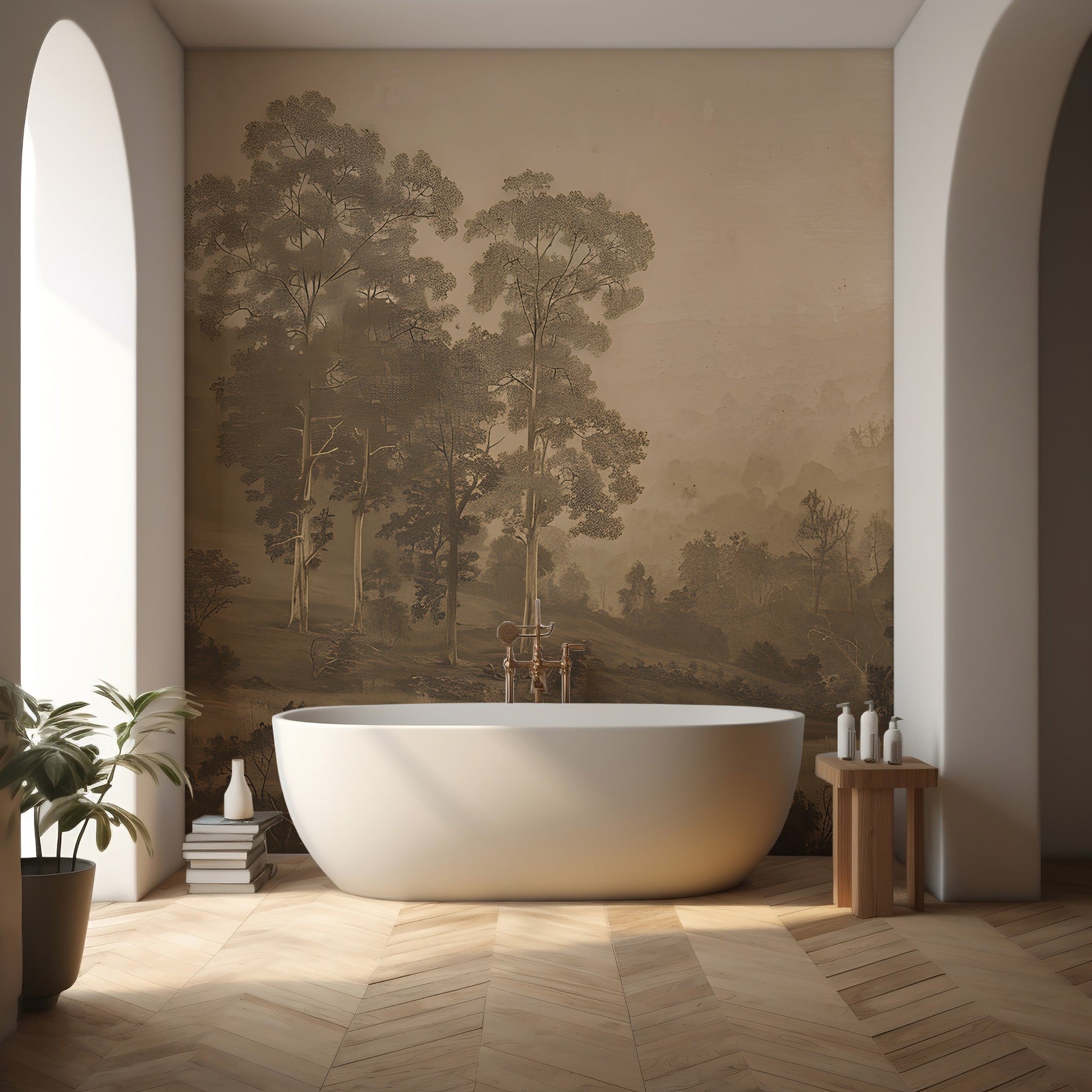 Beige Scenic Wallpaper, Old Style Landscape Mural, Peel and Stick Vintage Trees Mural, Sepia Nature Wallpaper, Removable Rustic Landscape