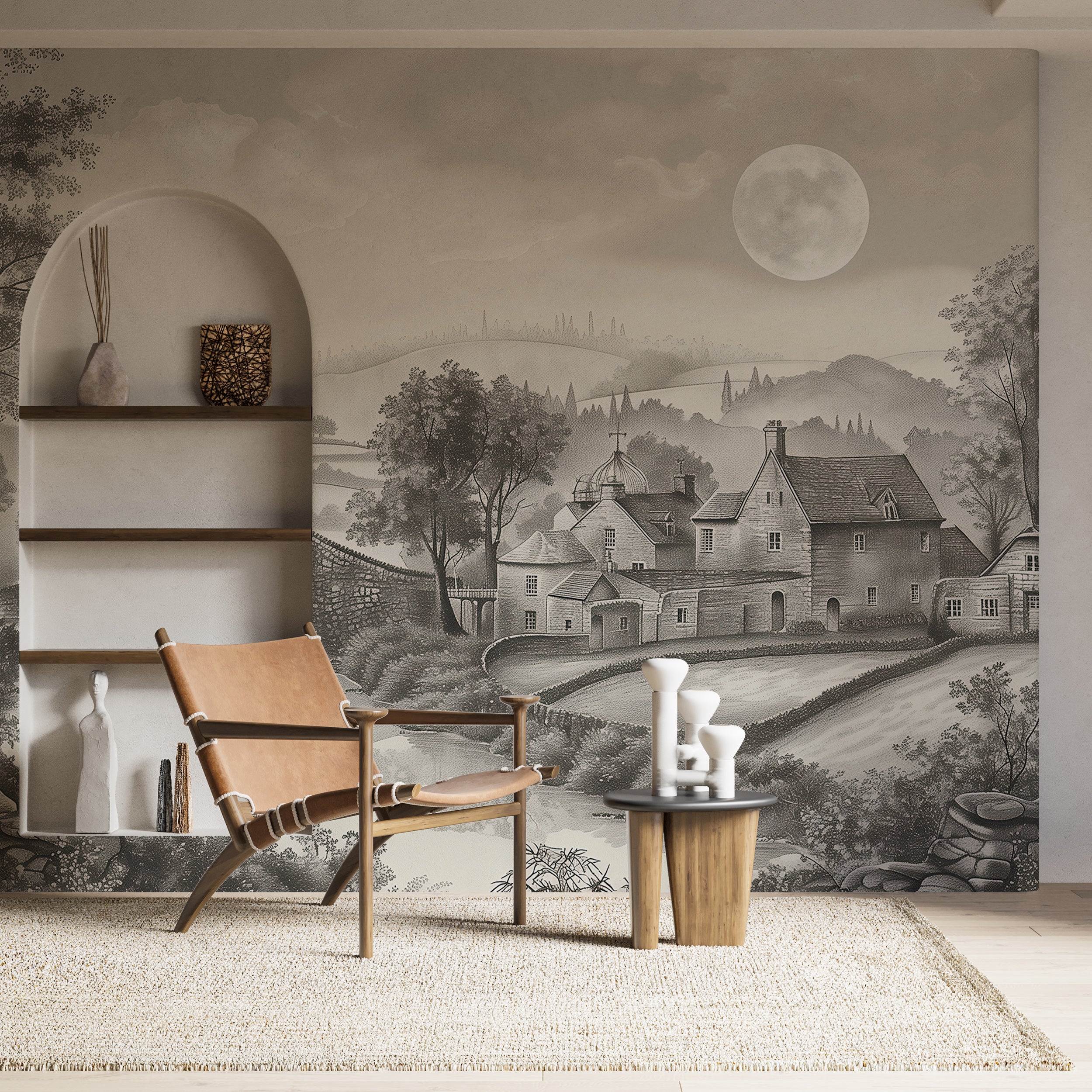 Countryside Landscape Wall Mural, Grey Monochrome Scenic Wallpaper, Peel and Stick Old Style Bridge and House, Vintage Landscape Art