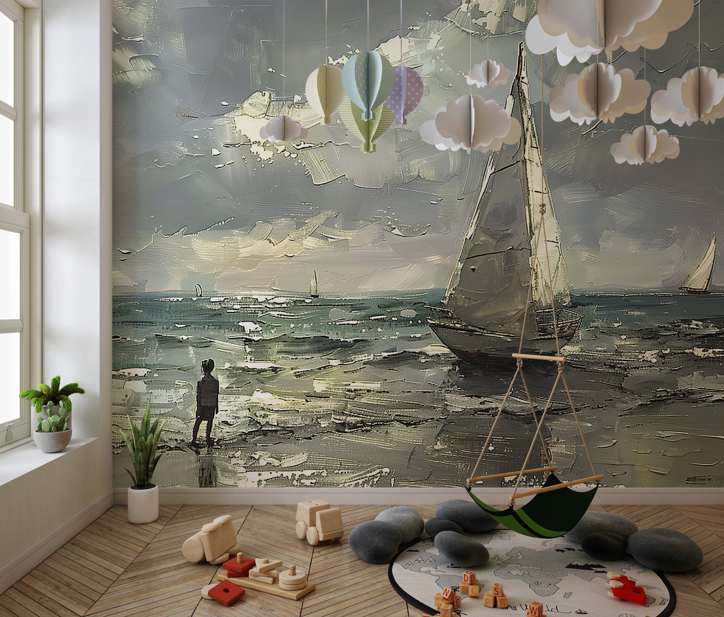 Textured sailboat oil painting wallpaper